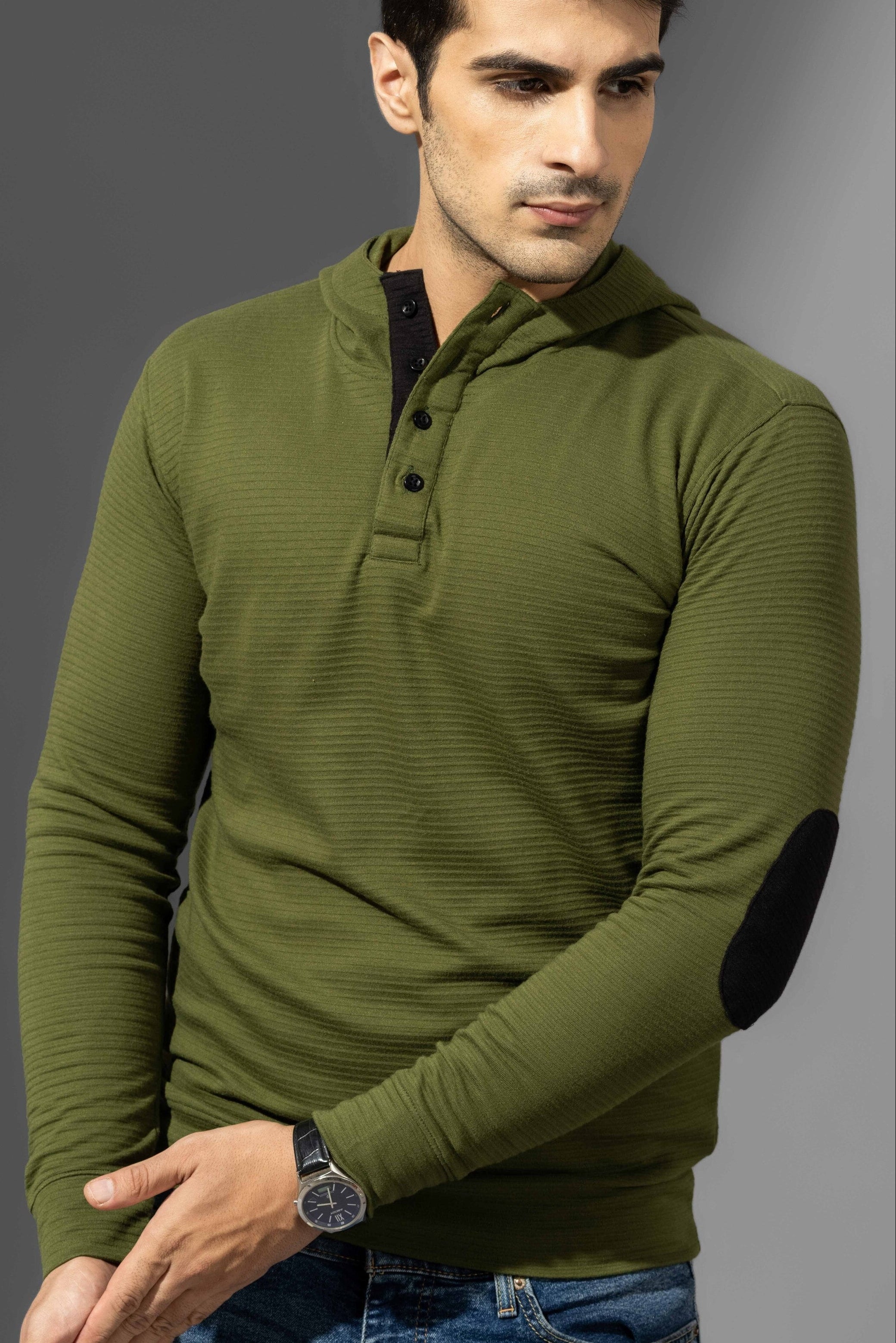 Olive Self Design Hooded T-Shirt