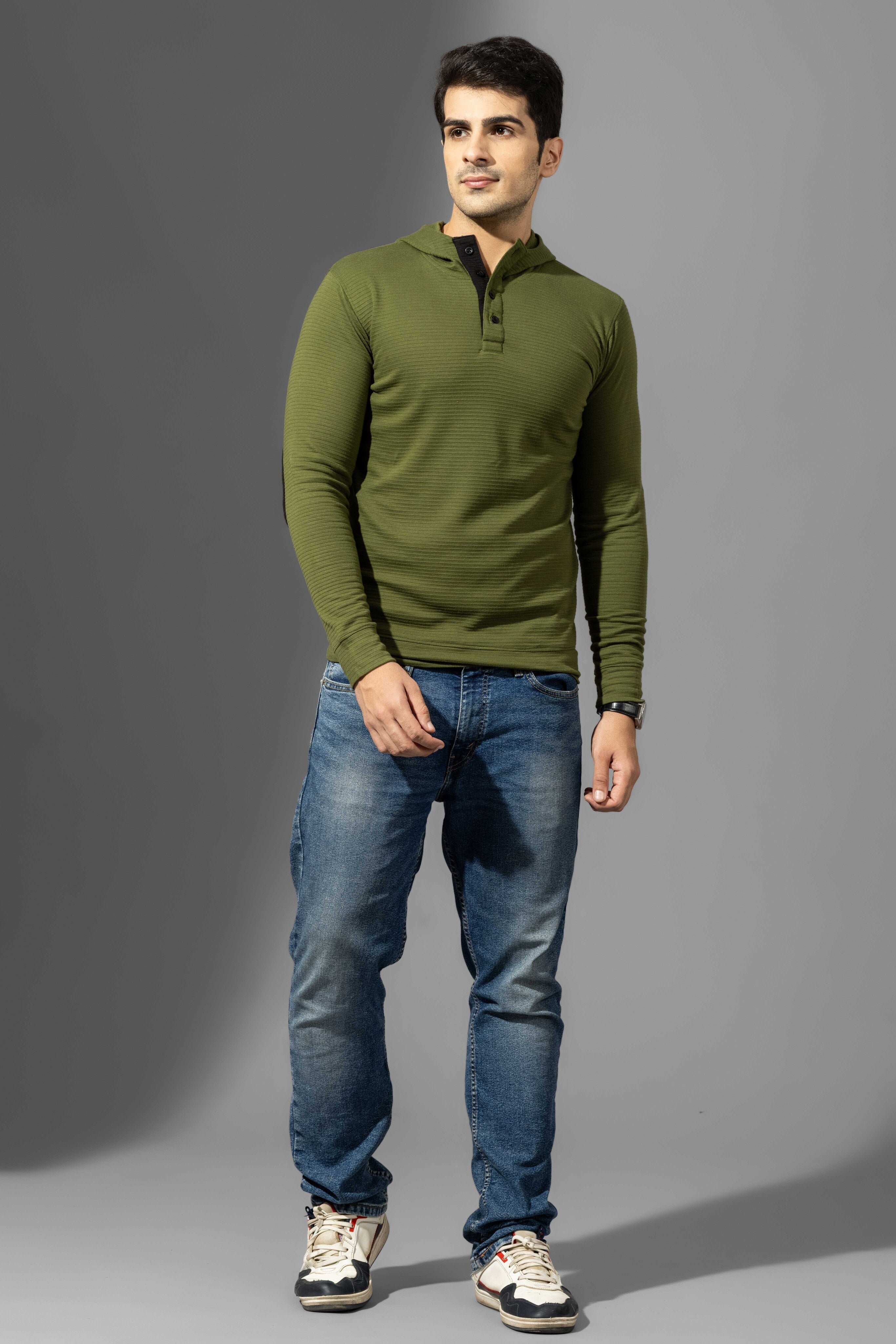 Olive Self Design Hooded T-Shirt