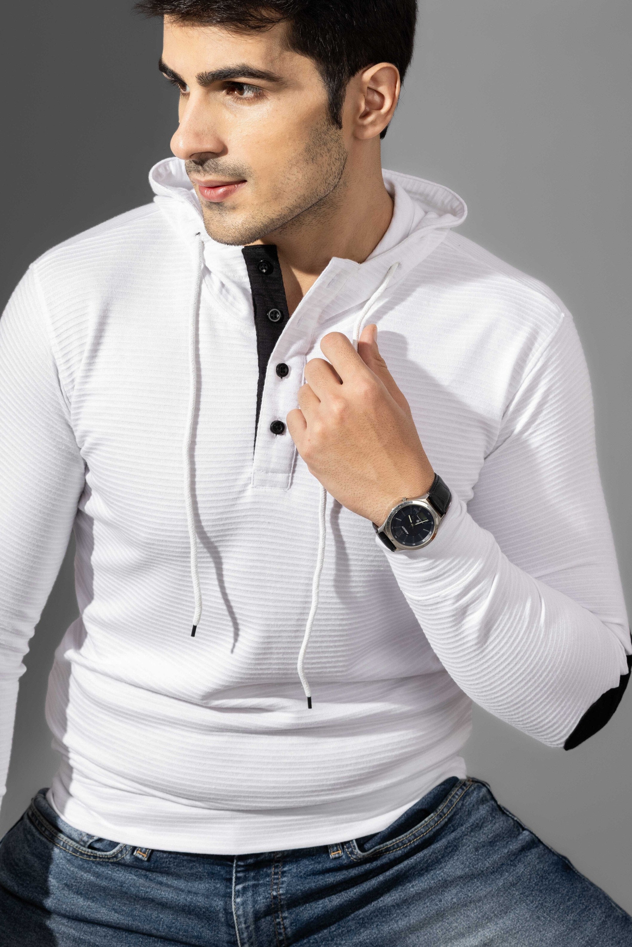 White Elbow Patch Self Design Hooded Placket T-Shirt