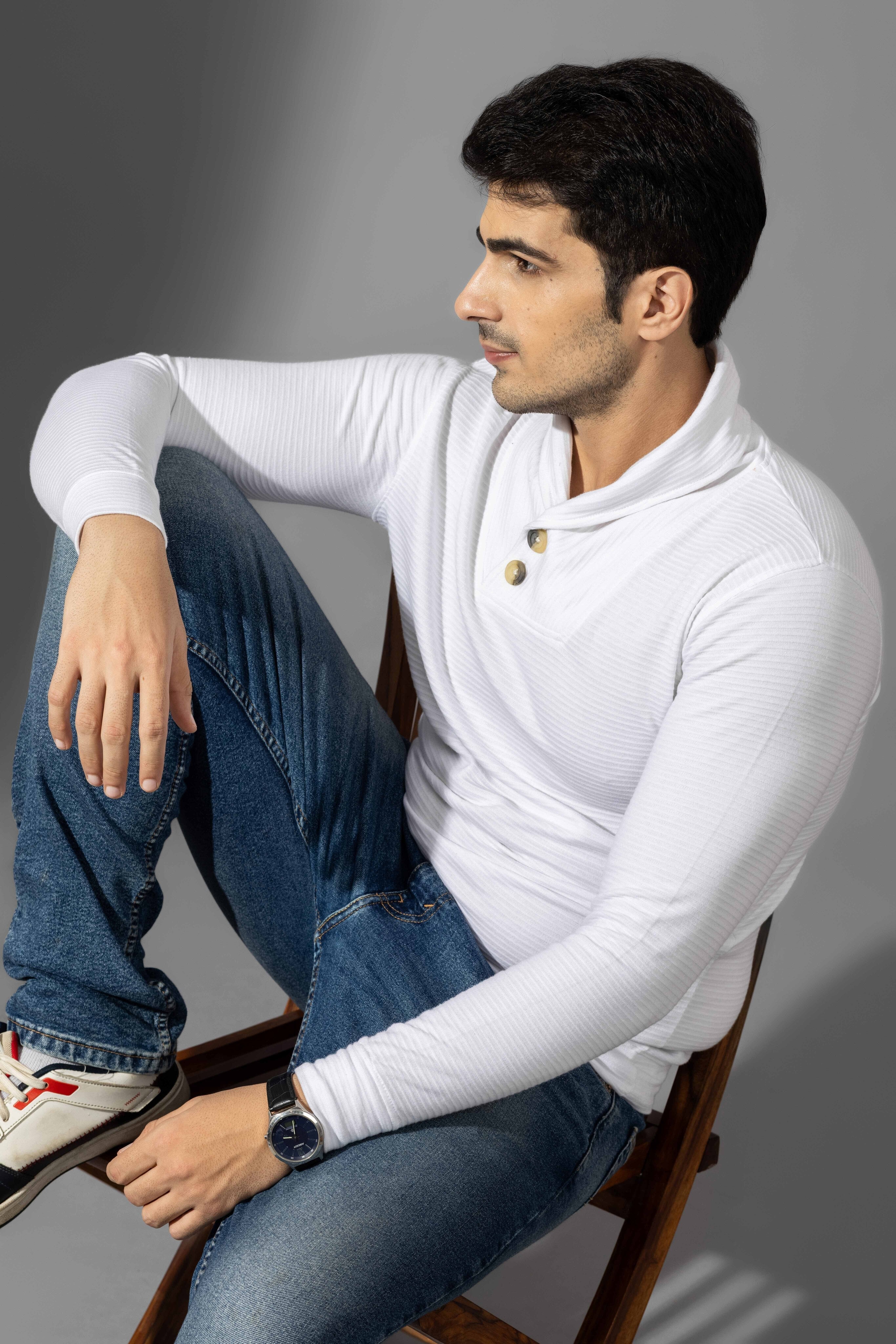 White Shawl collar Self Design T-Shirt