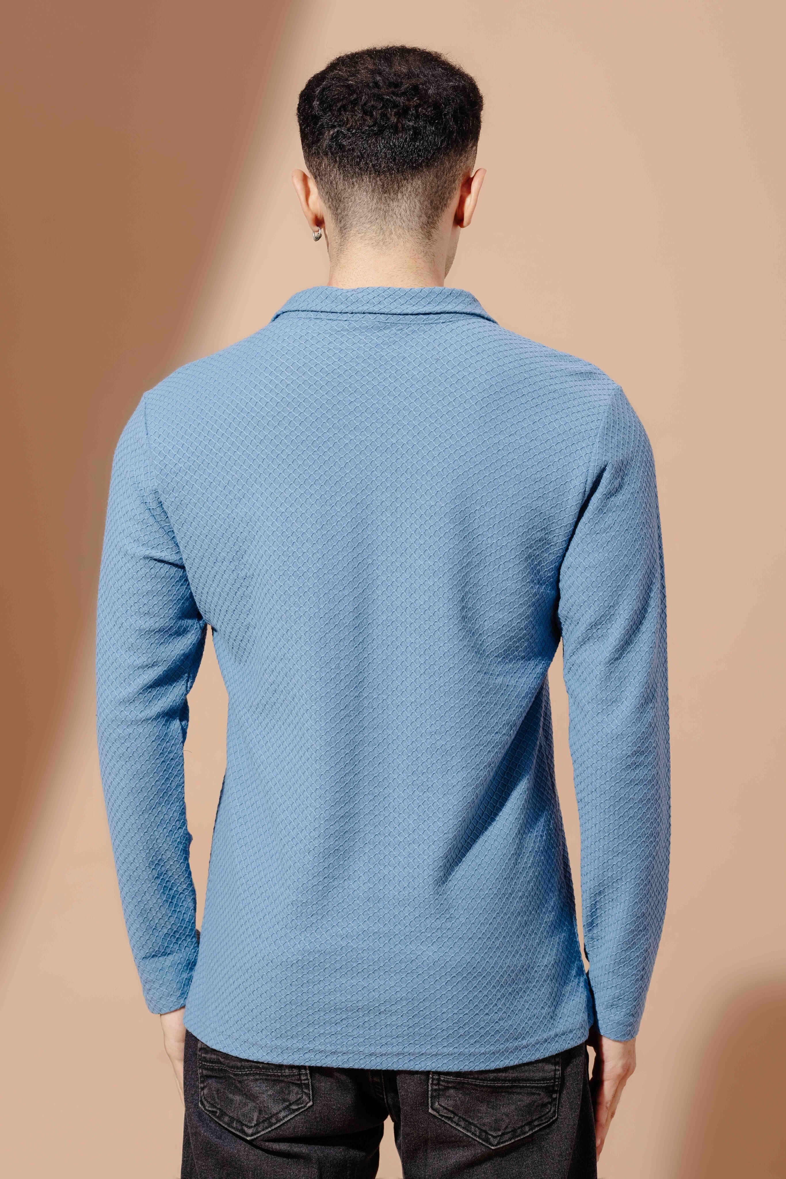 Blue Self Design Zipper Collar T-Shirt