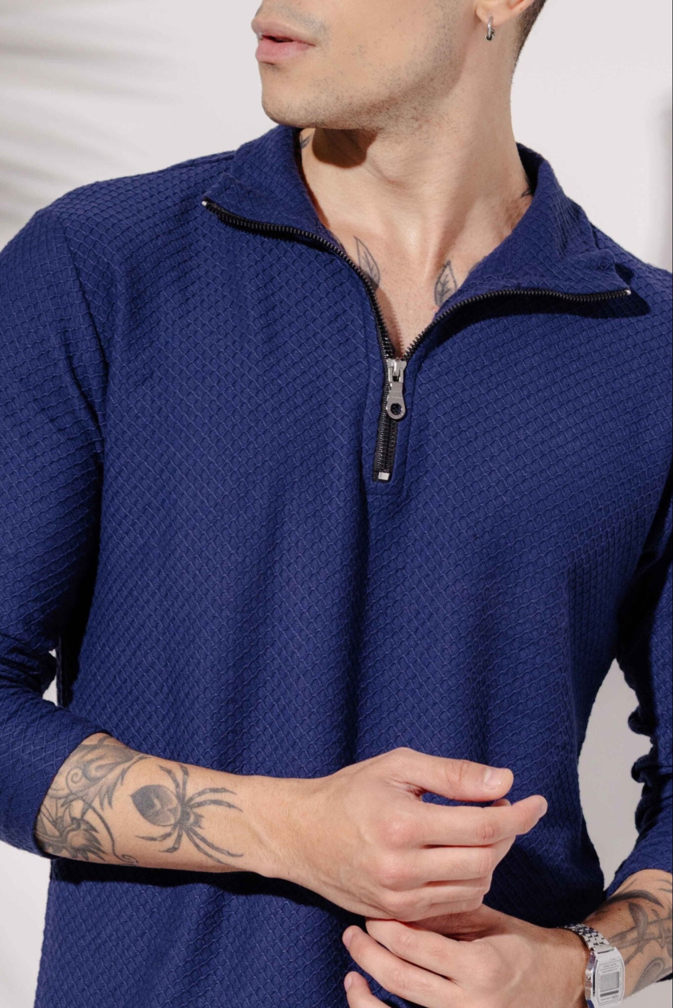 Navy Blue Self Design Zipper Collar T-Shirt