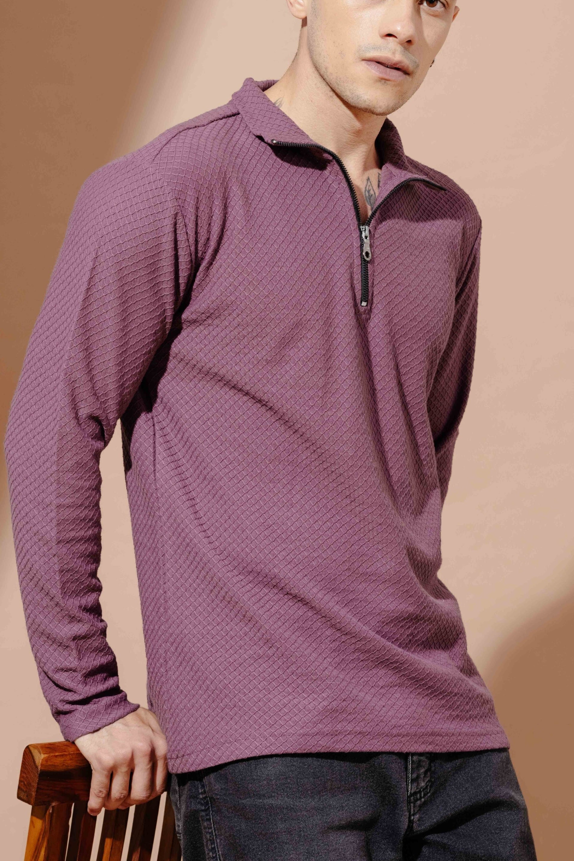 Wine Self Design Zipper Collar T-Shirt