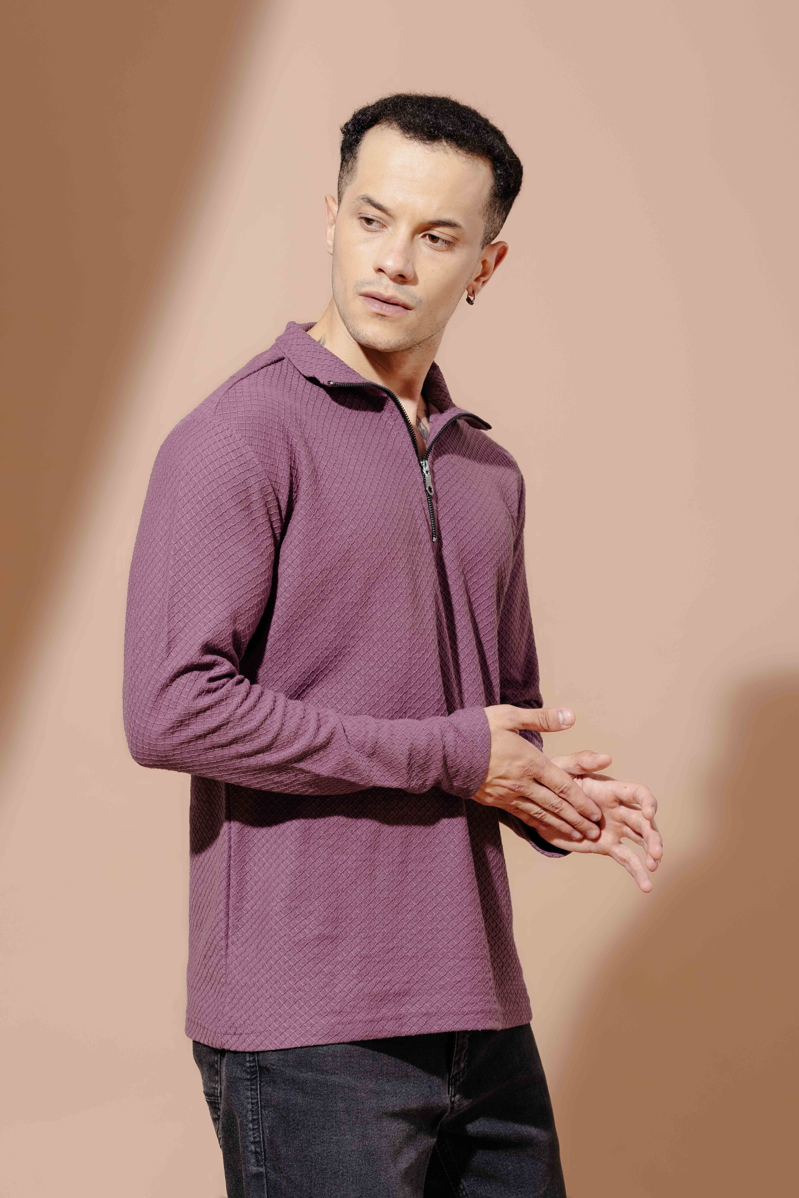 Wine Self Design Zipper Collar T-Shirt