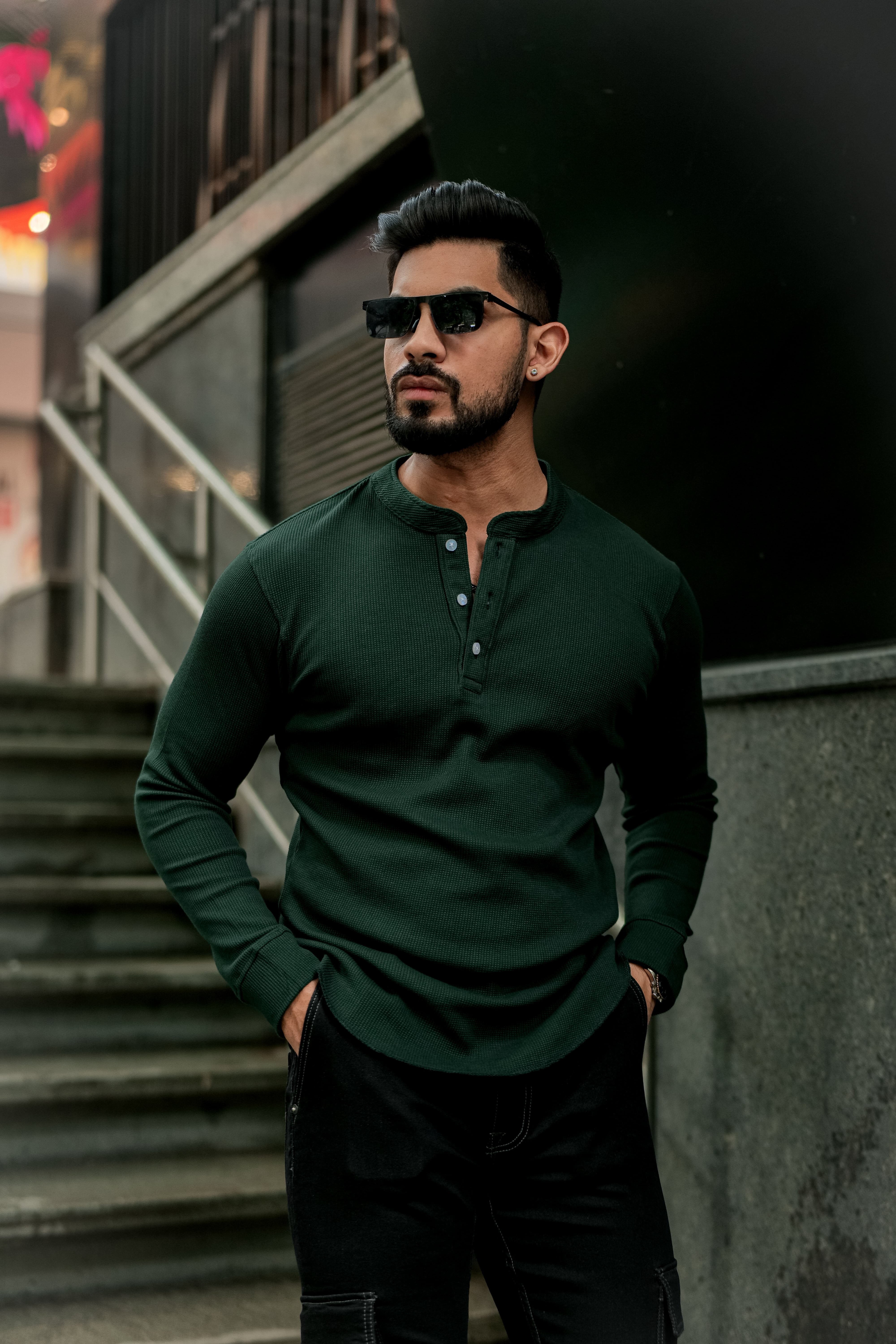 Green & Black Self Waffle Knit Pack of 2 combo Henley T-Shirt