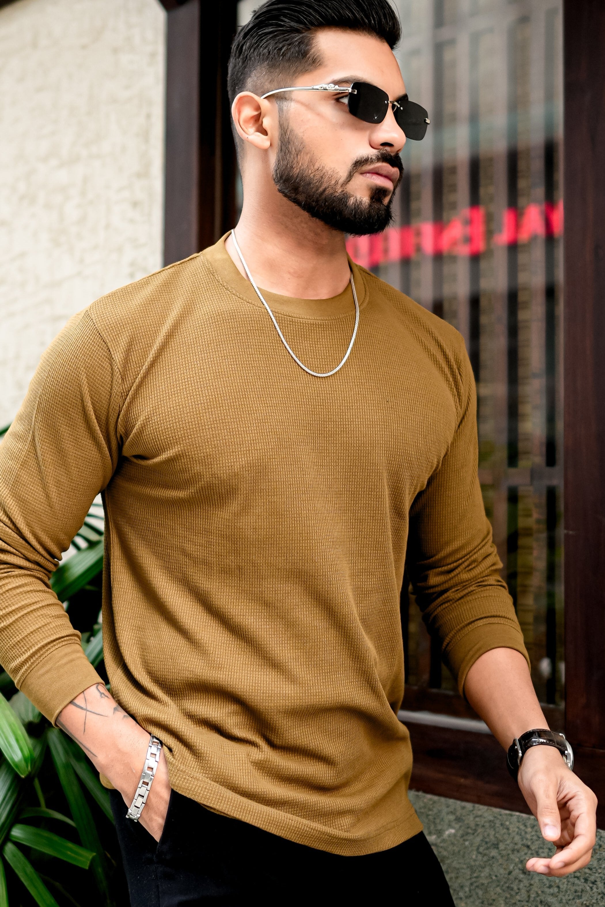 Black and Brown Waffle Roundneck
