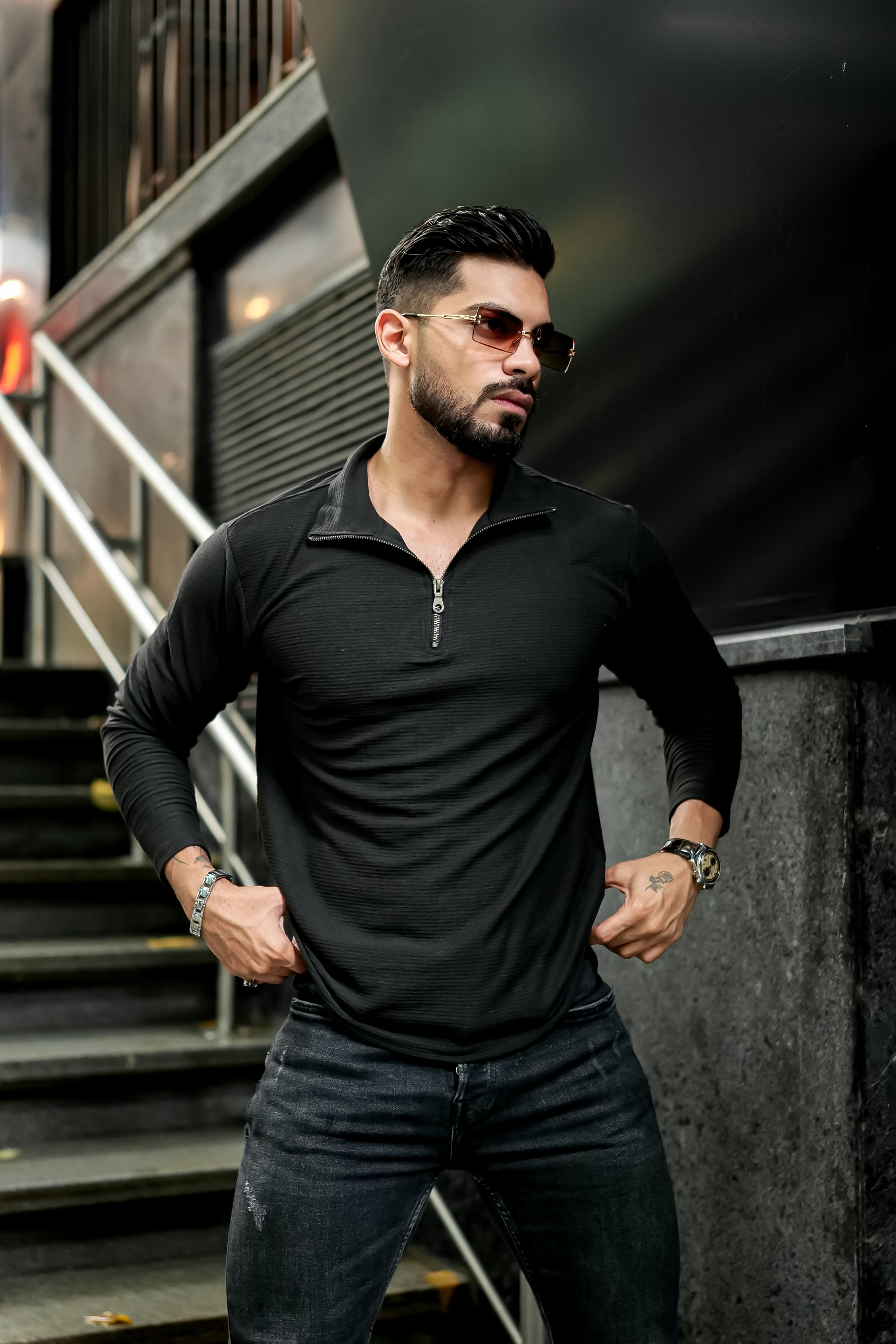 Black & White Self Design pack of 2 combo Zipper T-Shirt
