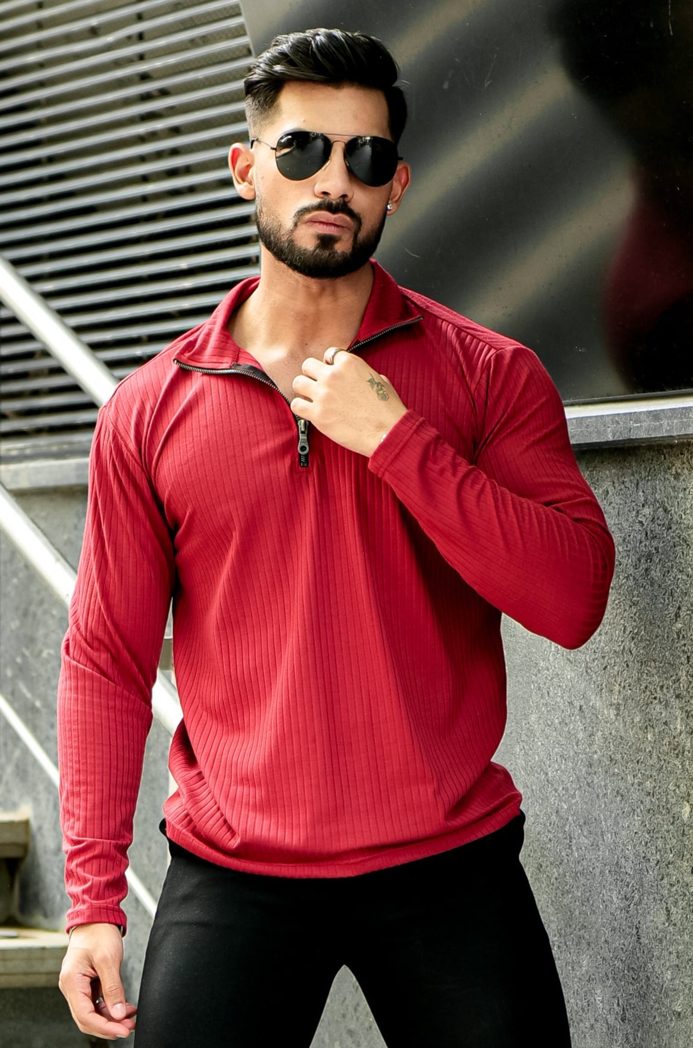 Maroon & White Self Design pack of 2 combo Zipper T-Shirt