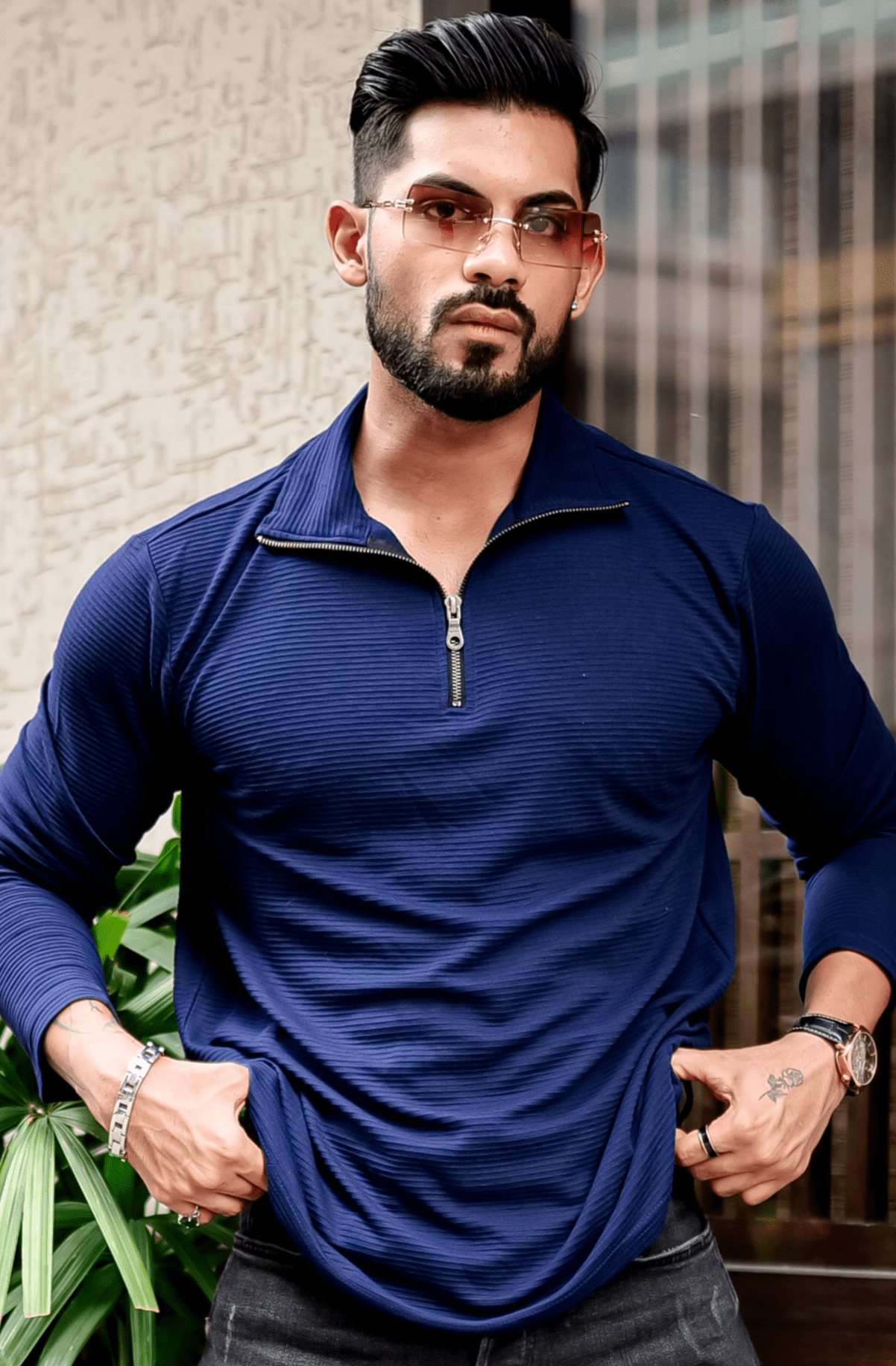 Navy & White Self Design pack of 2 combo Zipper T-Shirt