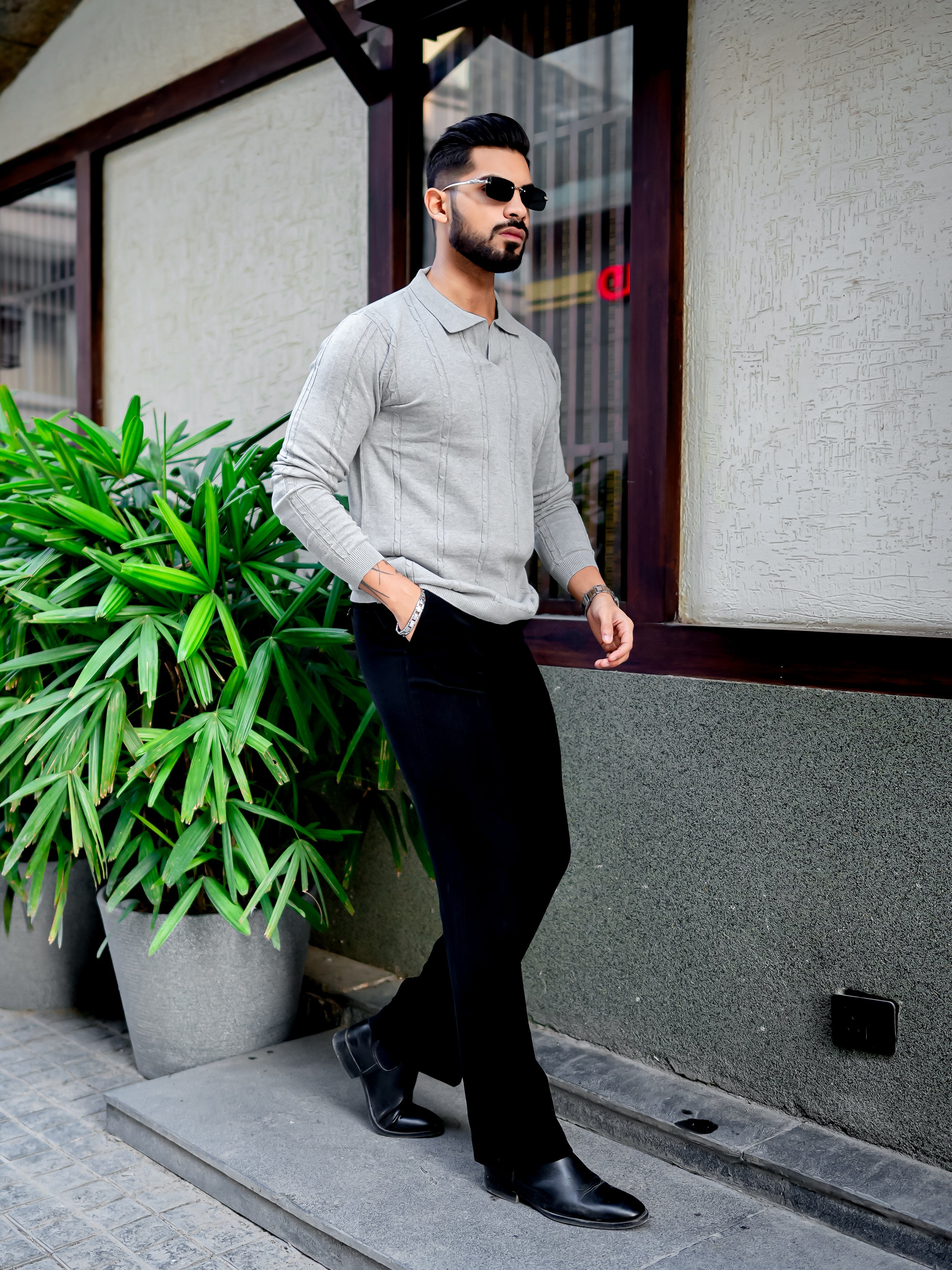 Grey Melange Textured Pullover