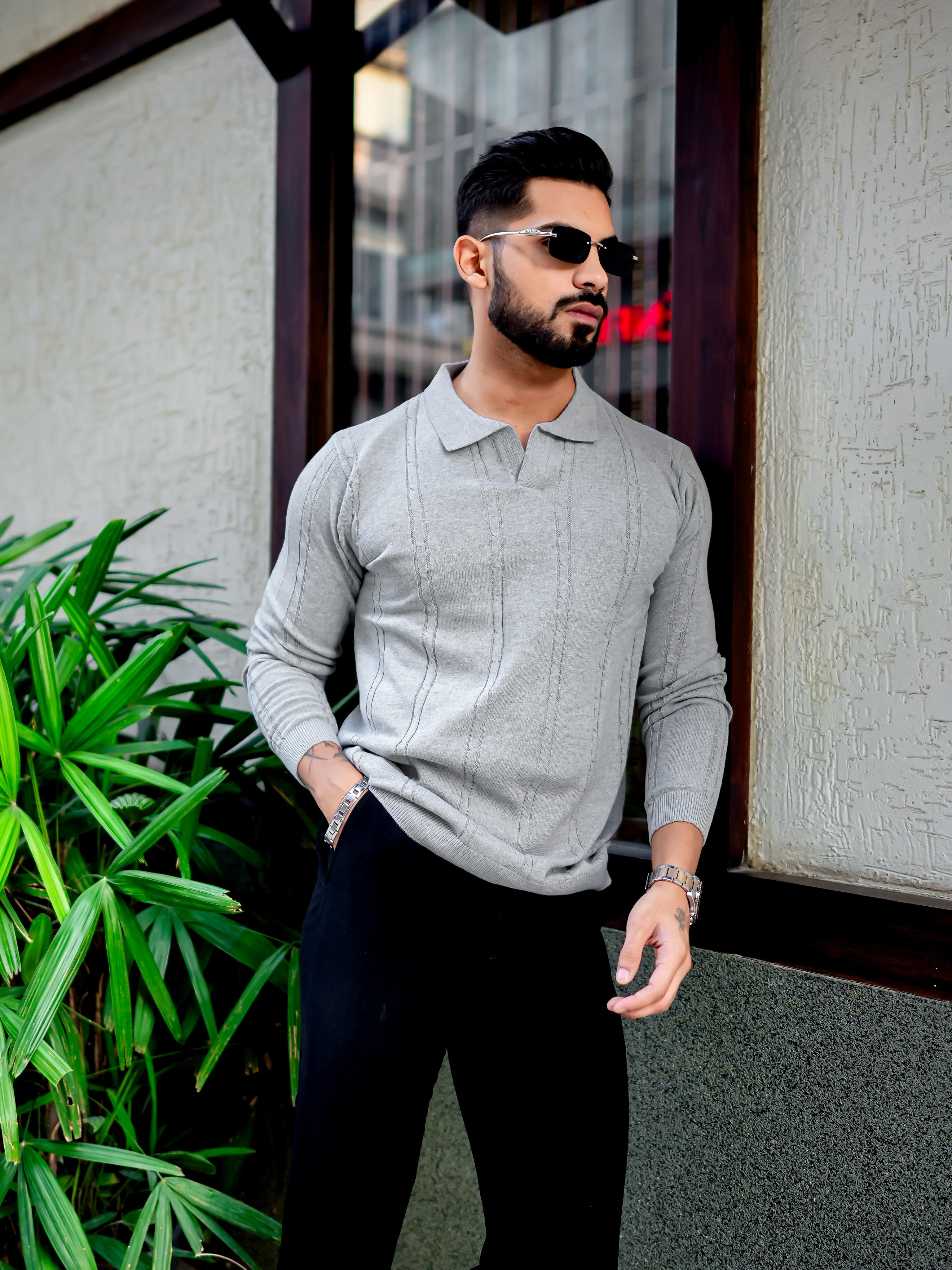 Grey Melange Textured Pullover