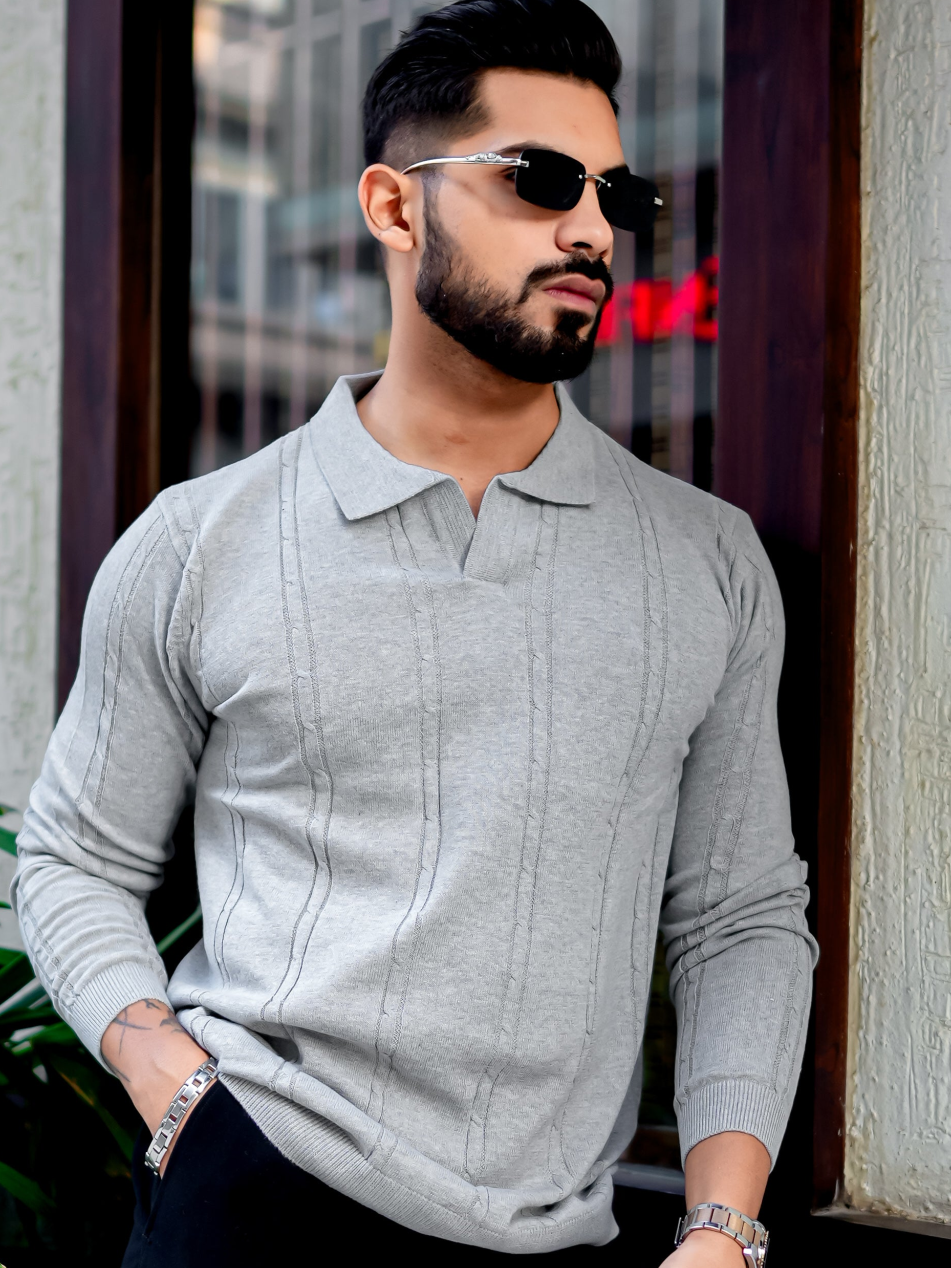 Grey Melange Textured Pullover