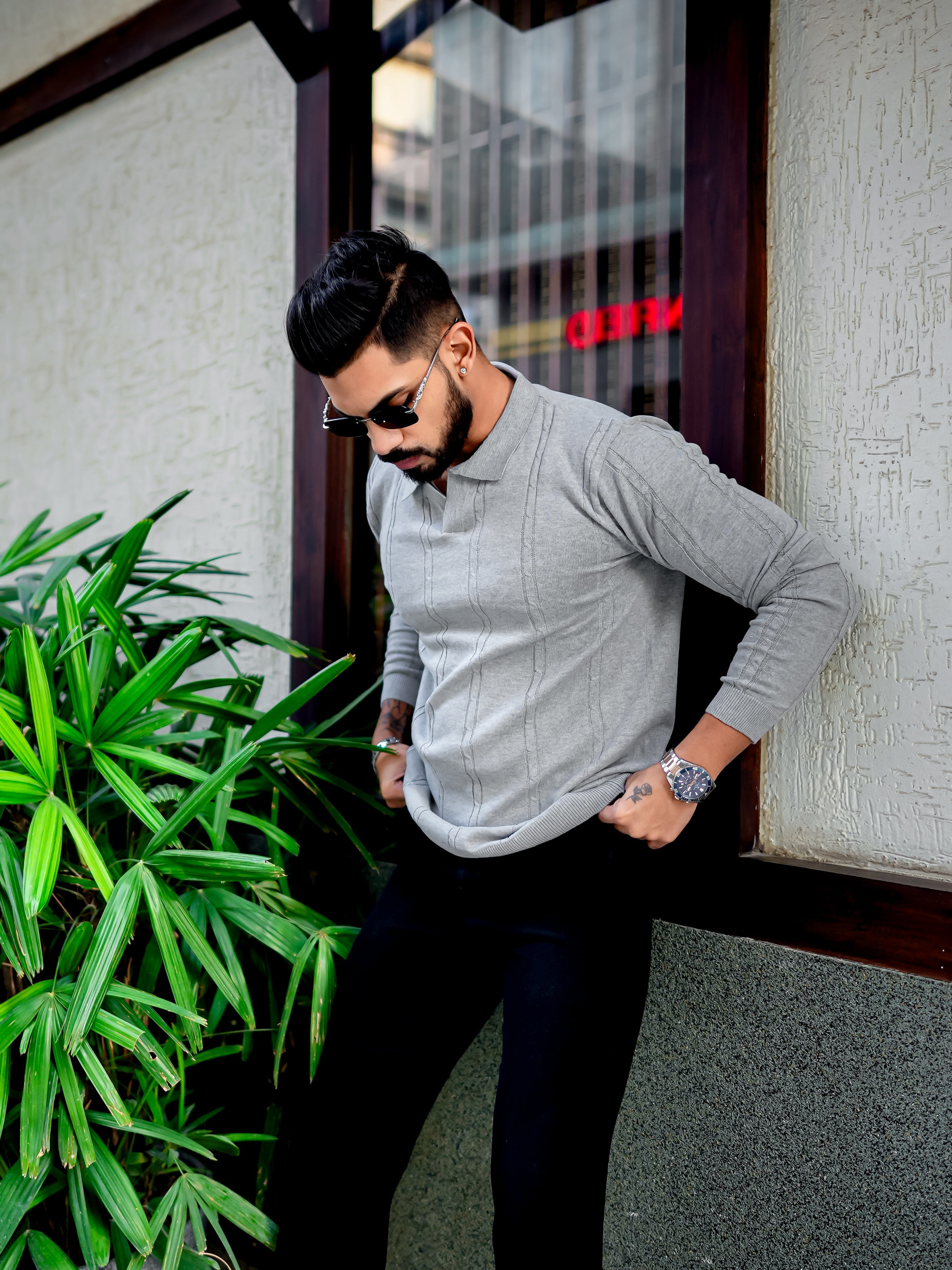 Grey Melange Textured Pullover