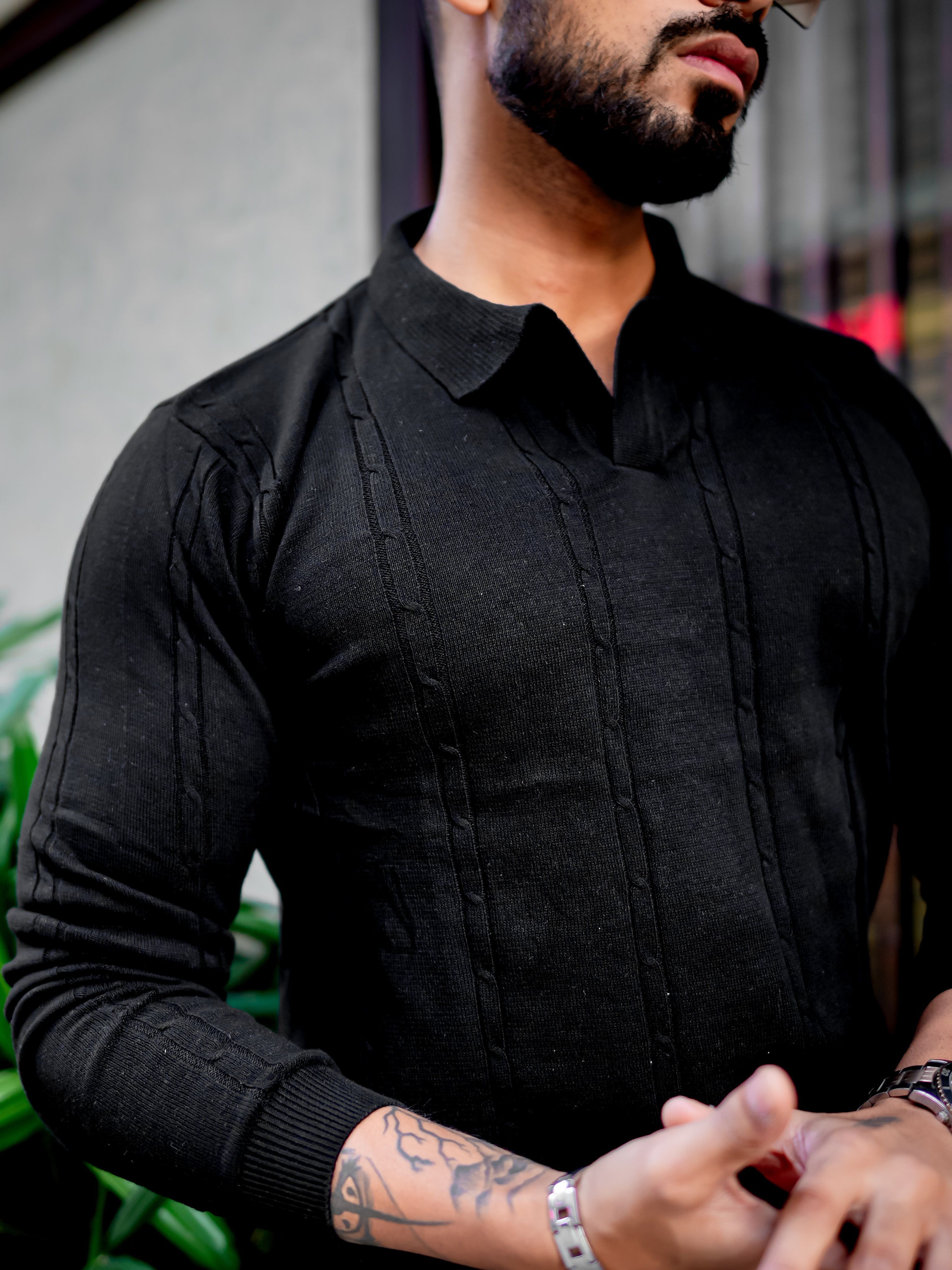 Black Self Design Flat Knit Tshirt