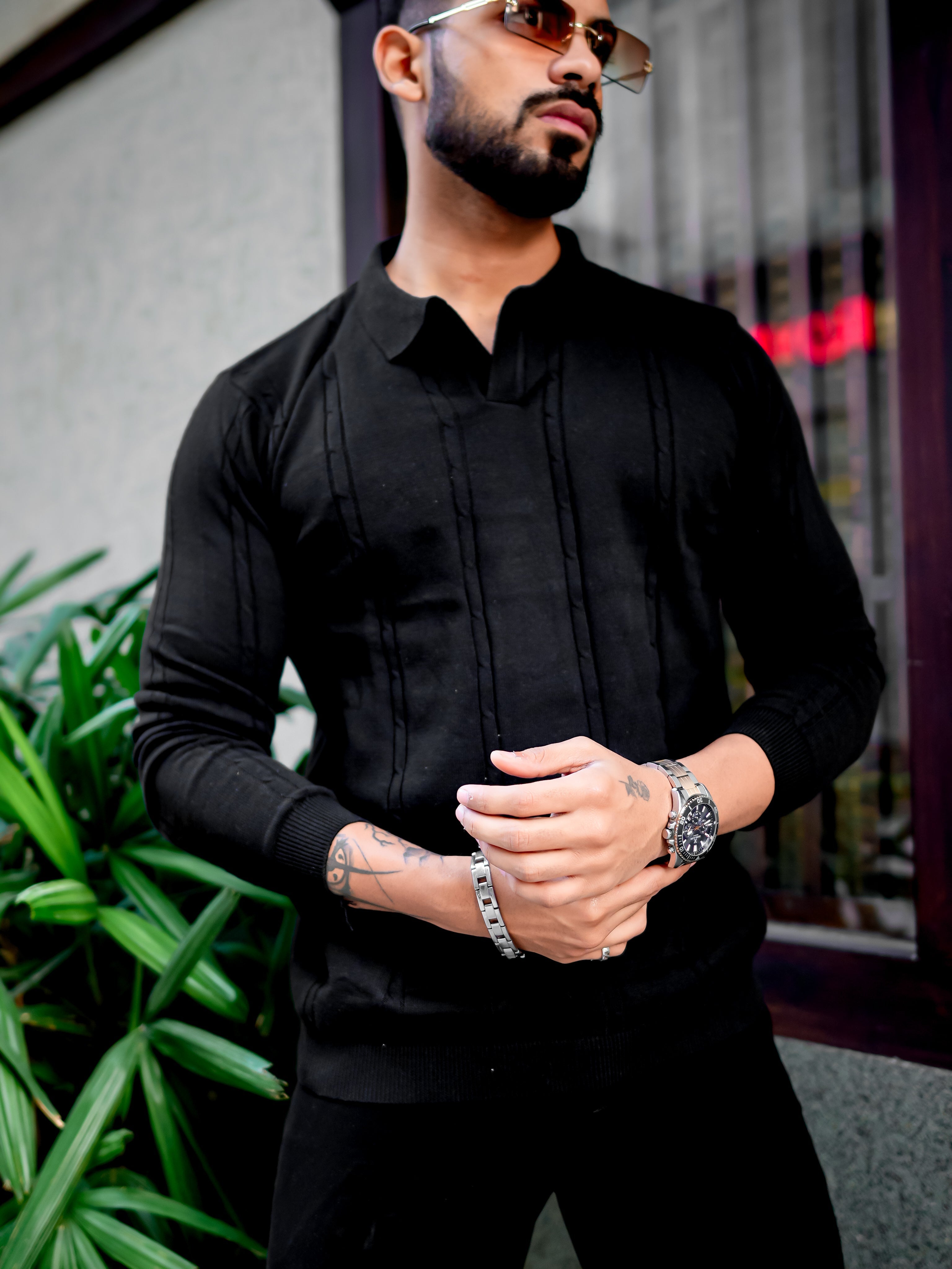 Black Self Design Flat Knit Tshirt
