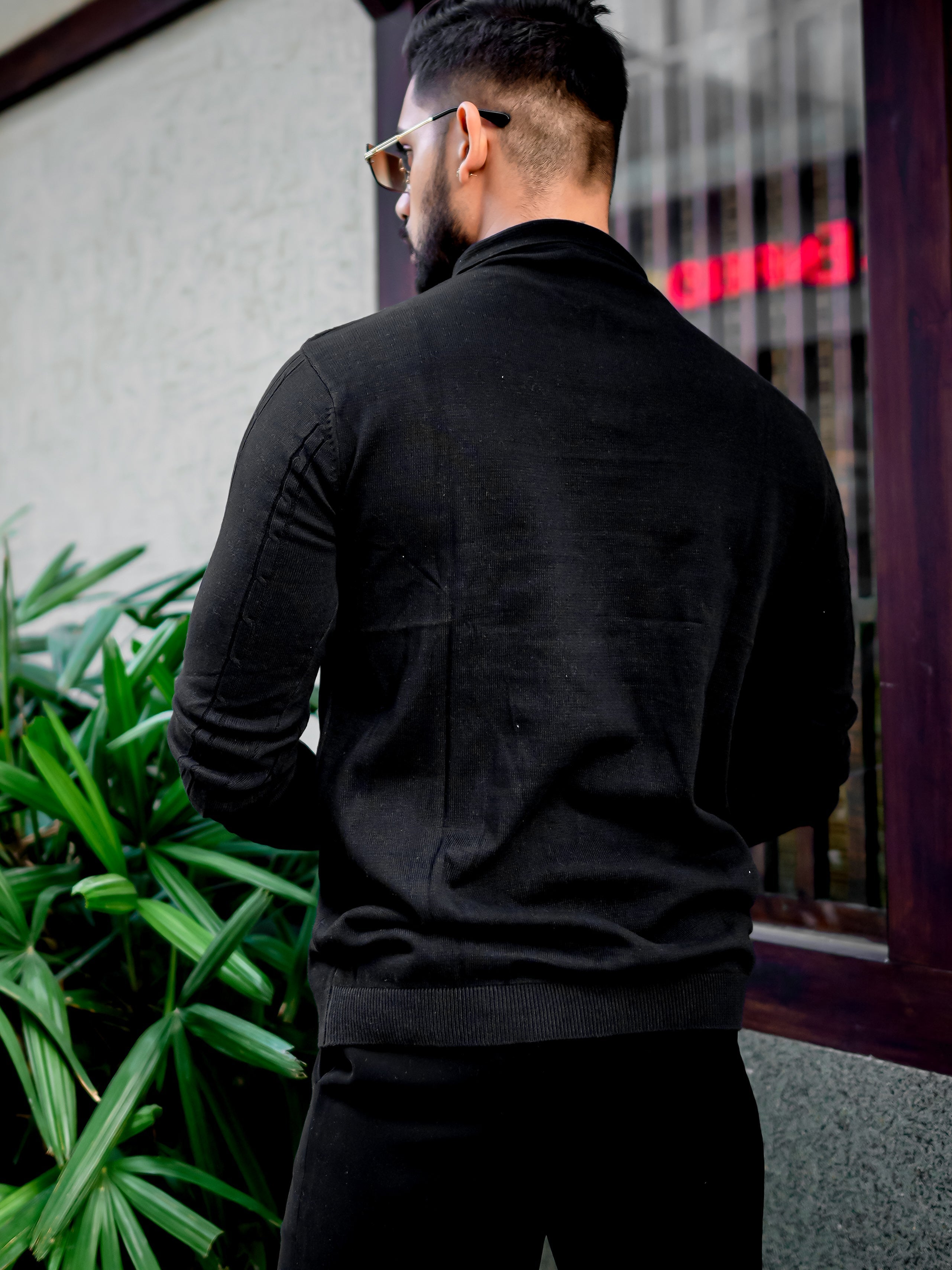 Black Self Design Flat Knit Tshirt