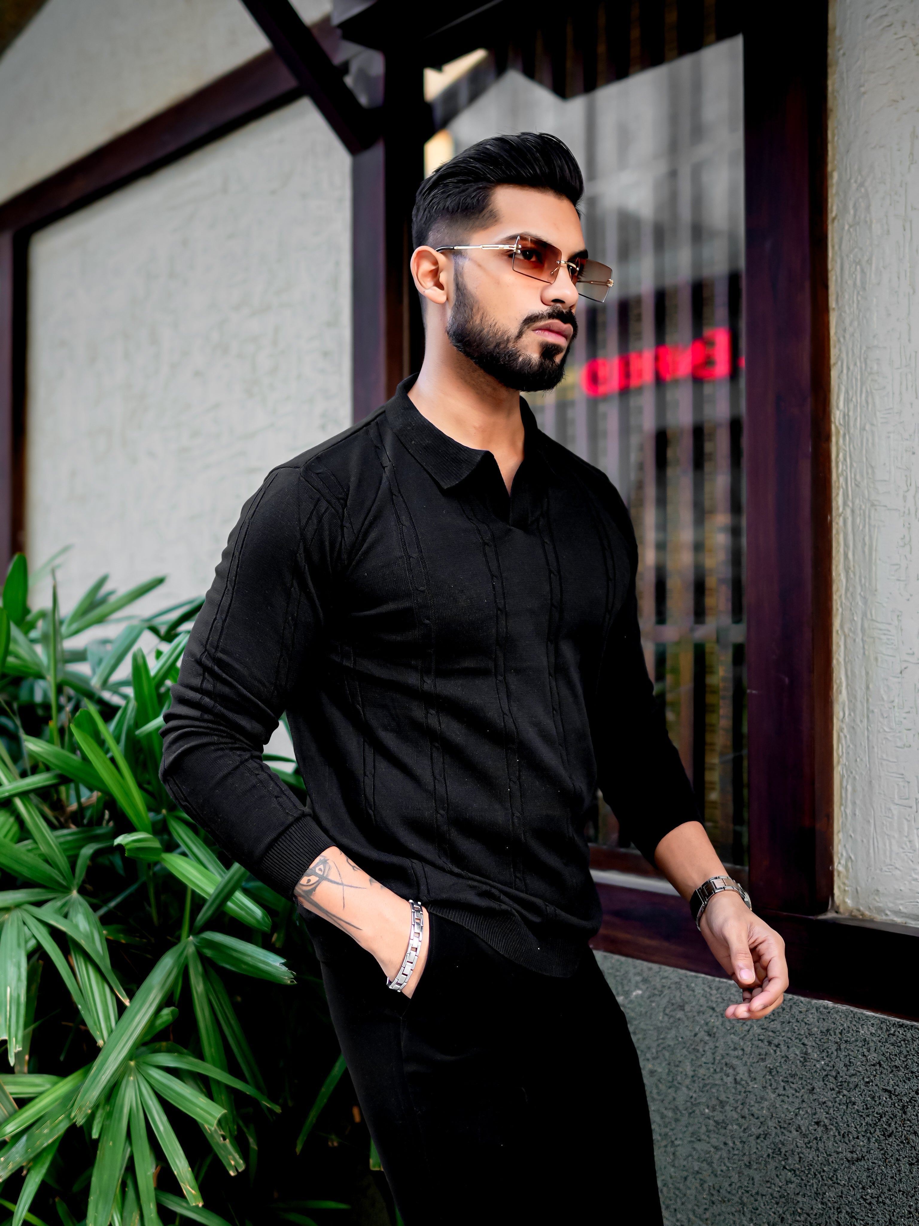 Black Self Design Flat Knit Tshirt