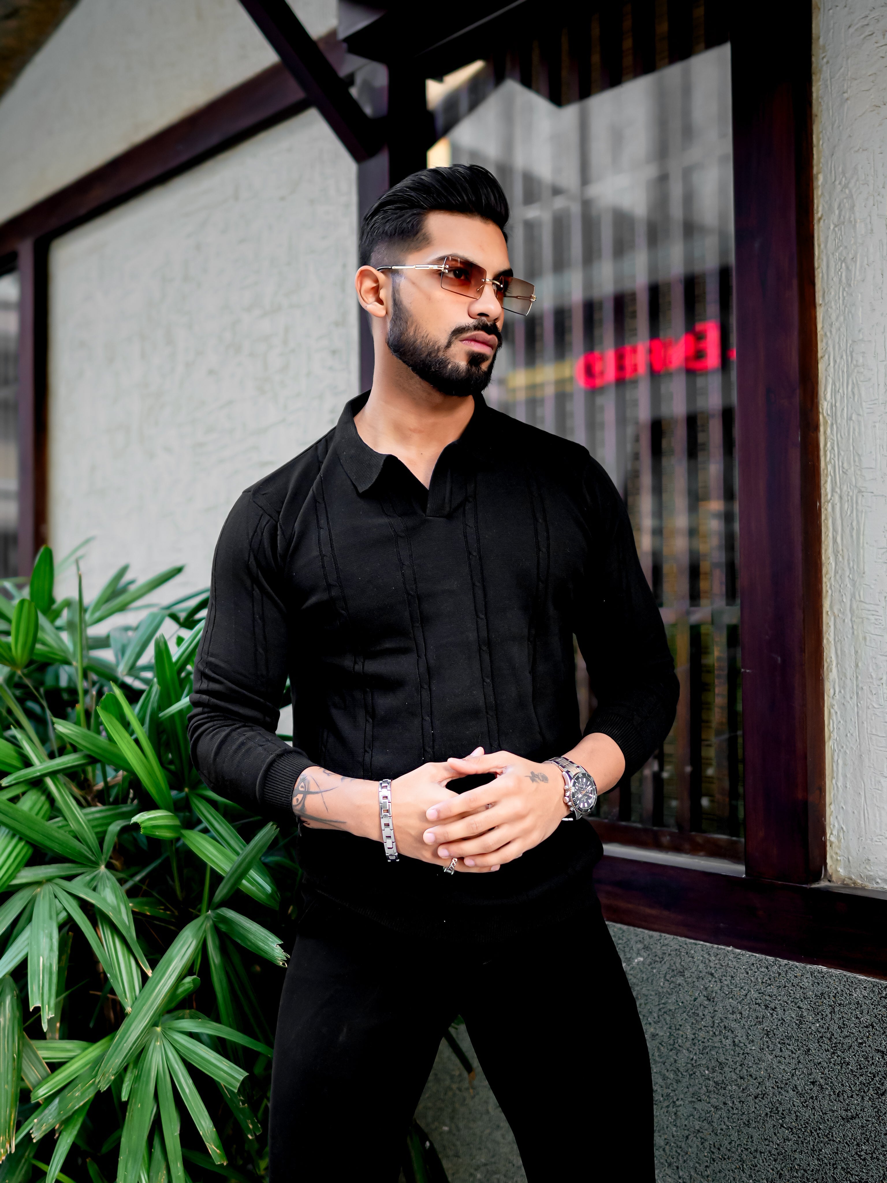 Black Self Design Flat Knit Tshirt