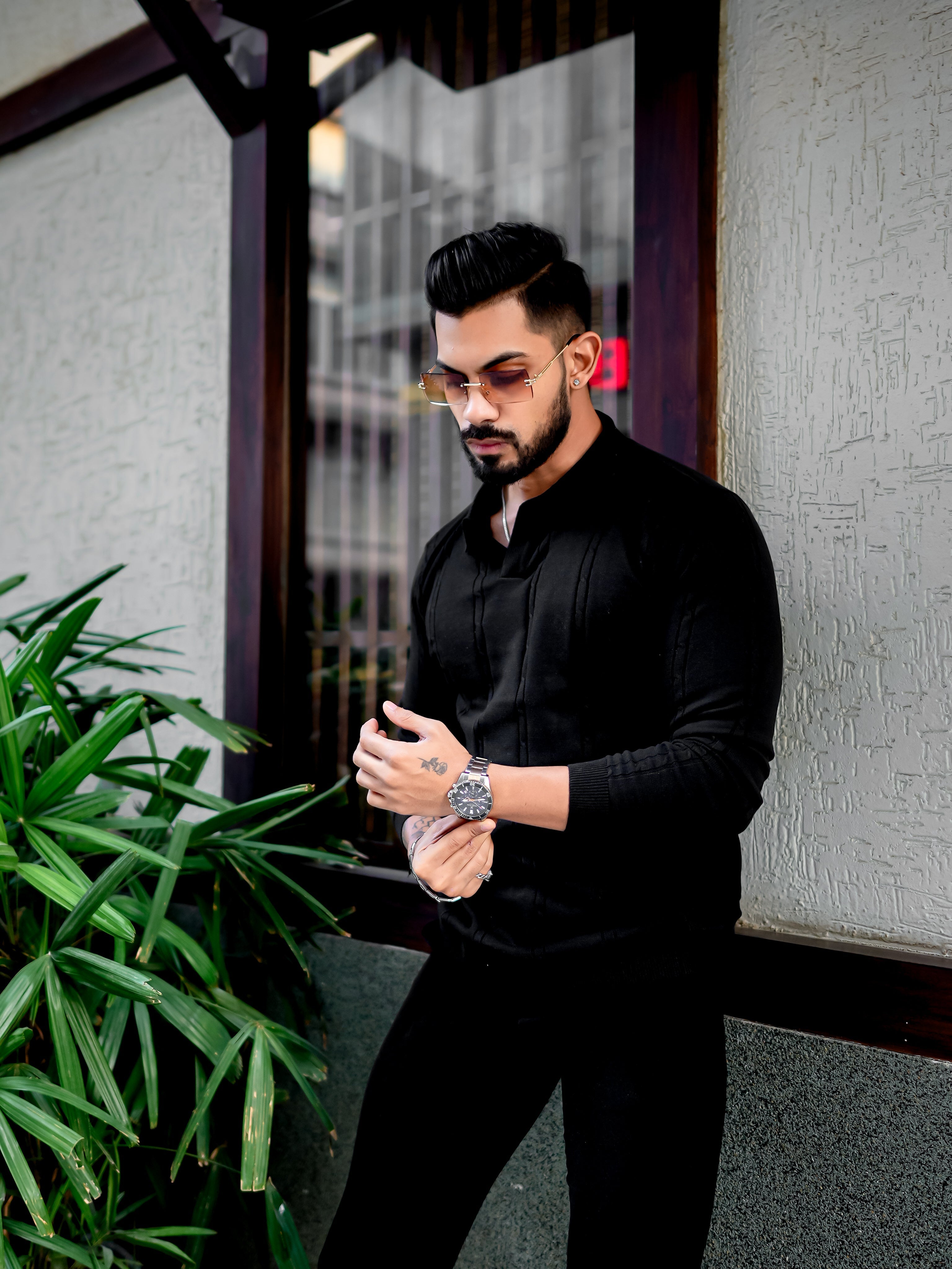 Black Self Design Flat Knit Tshirt
