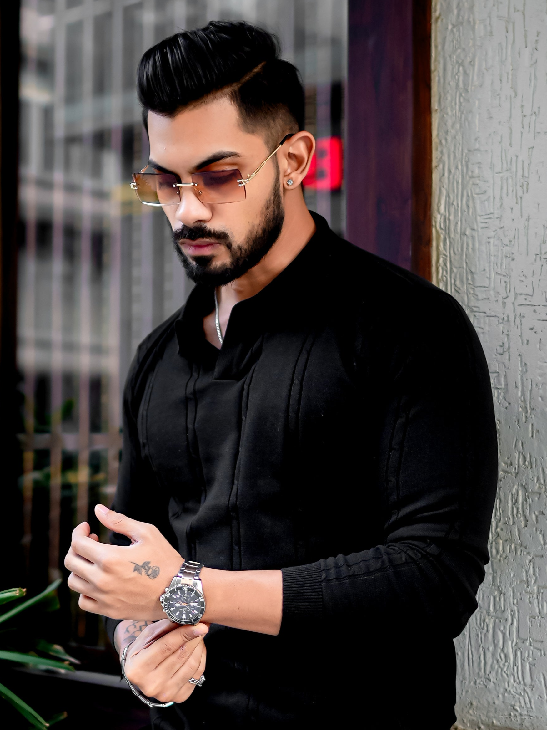 Black Self Design Flat Knit Tshirt
