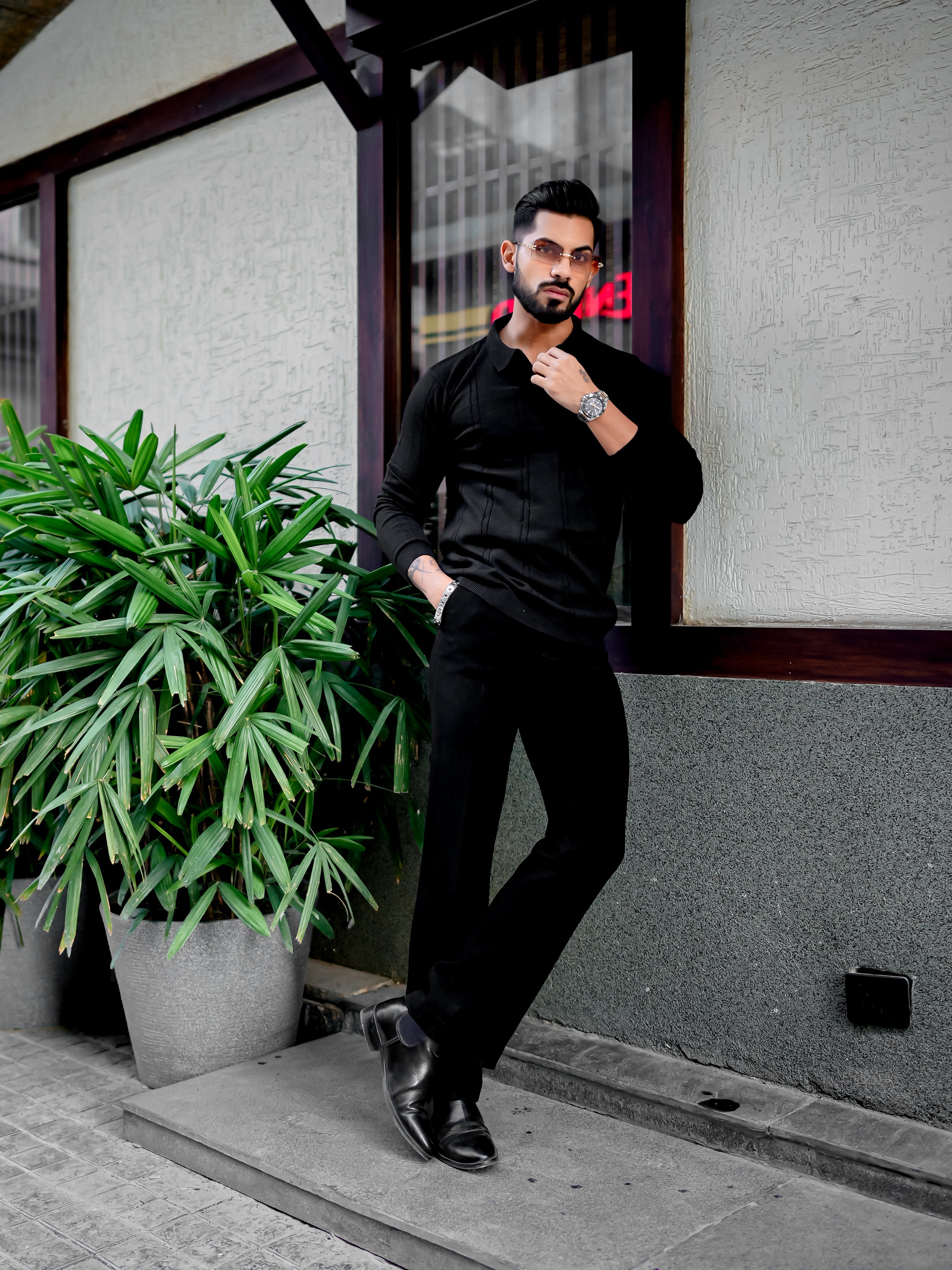 Black Self Design Flat Knit Tshirt