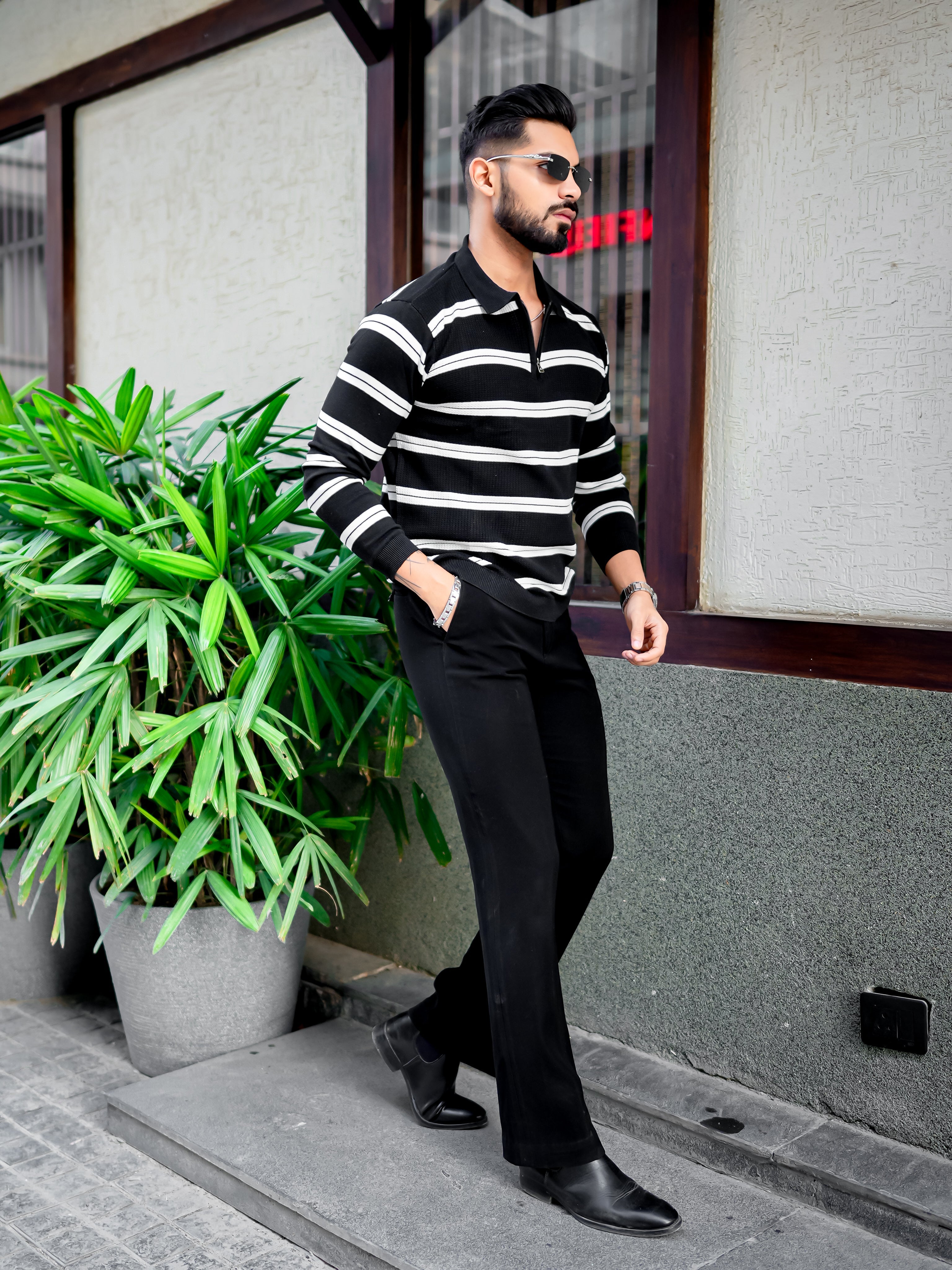 Black Zipper Flat Knit Polo T-shirt
