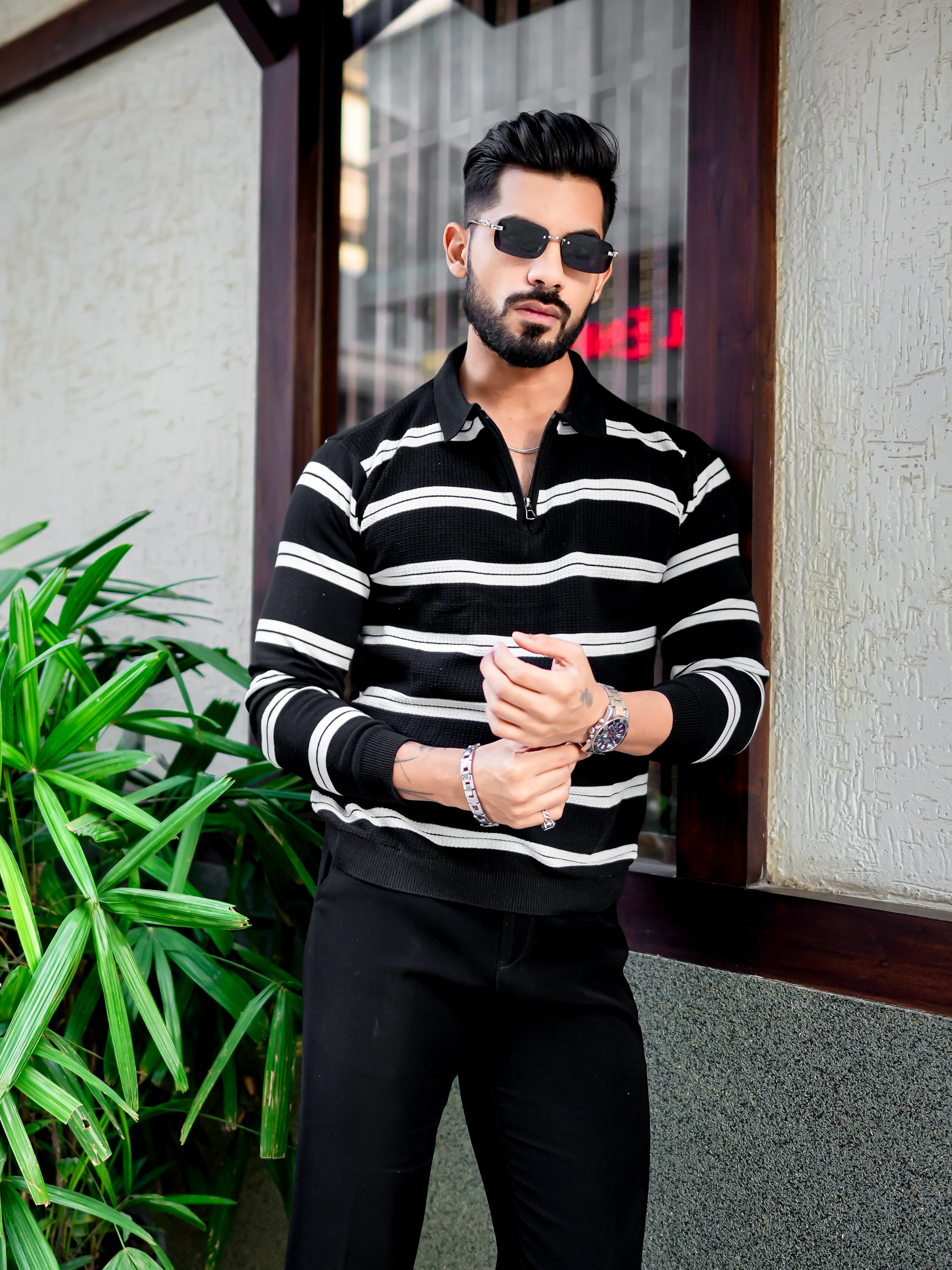 Black Zipper Flat Knit Polo T-shirt