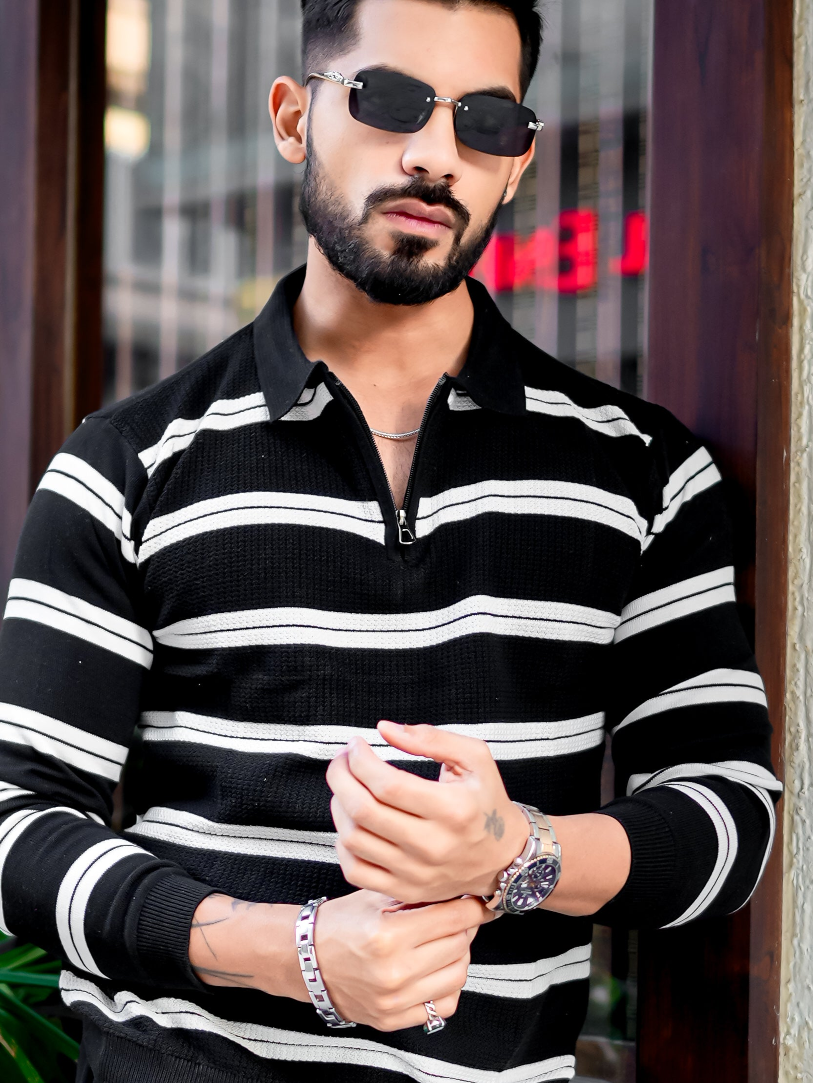 Black Zipper Flat Knit Polo T-shirt