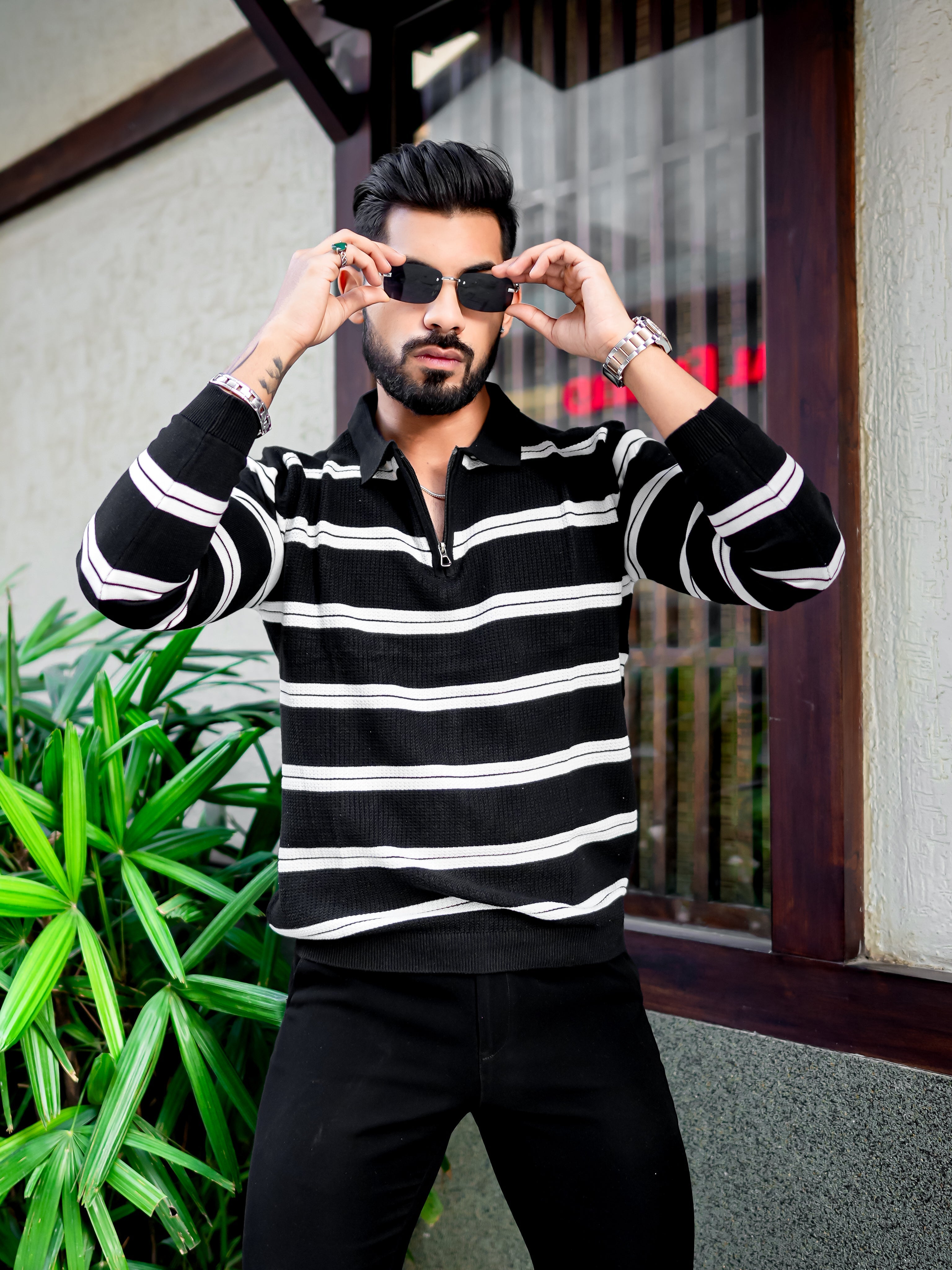 Black Zipper Flat Knit Polo T-shirt