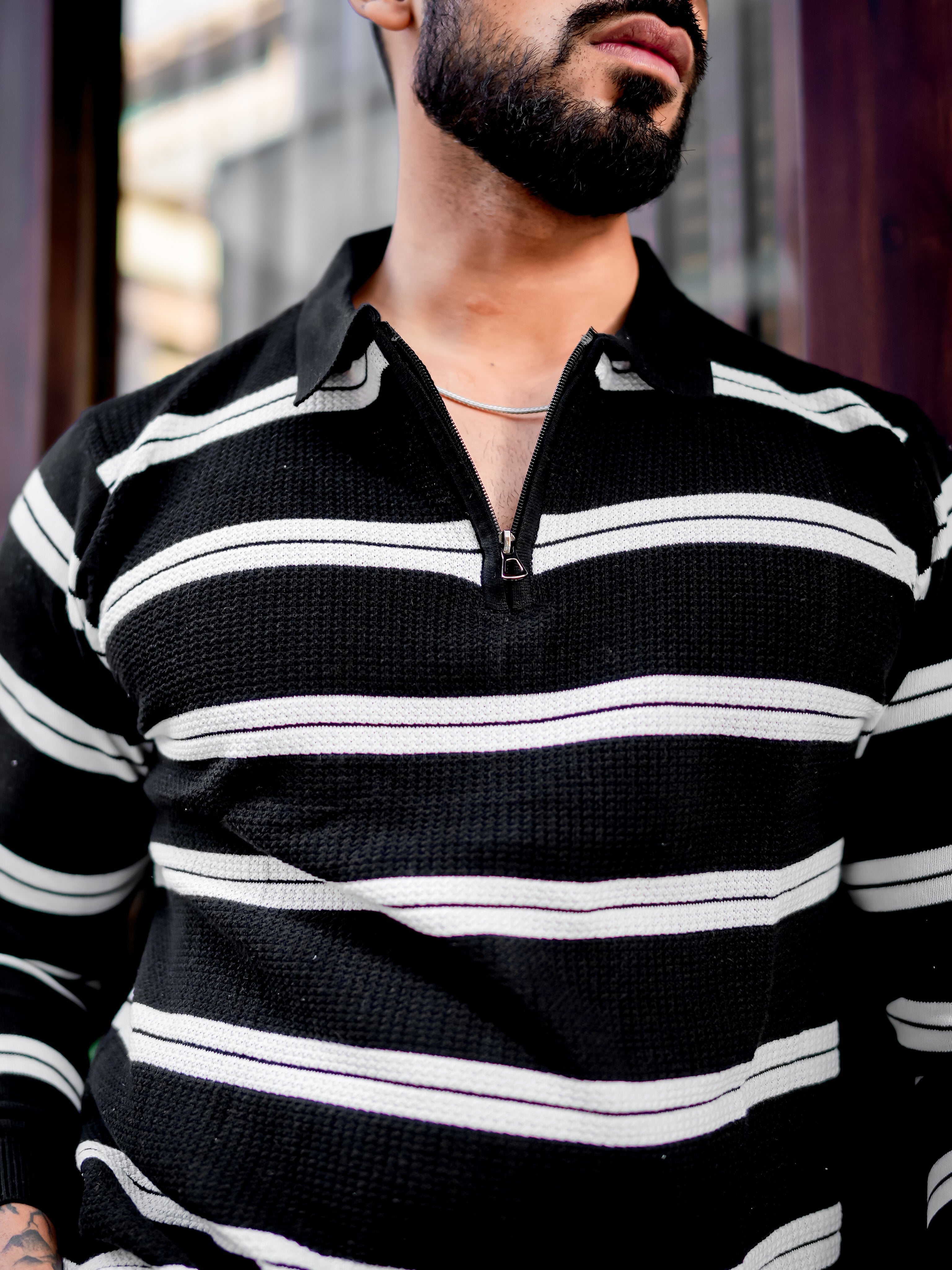 Black Zipper Flat Knit Polo T-shirt