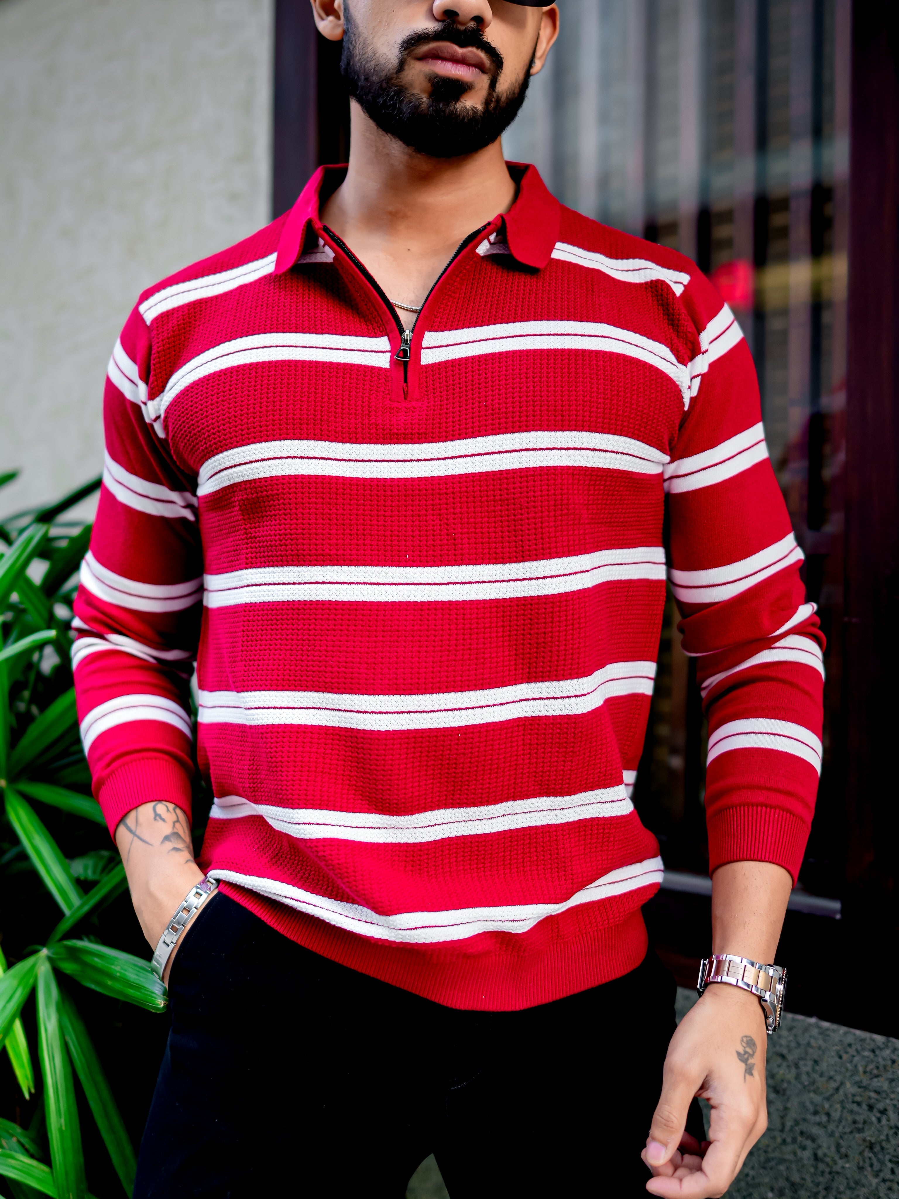 Red Zipper Flat Knit Polo T-shirt