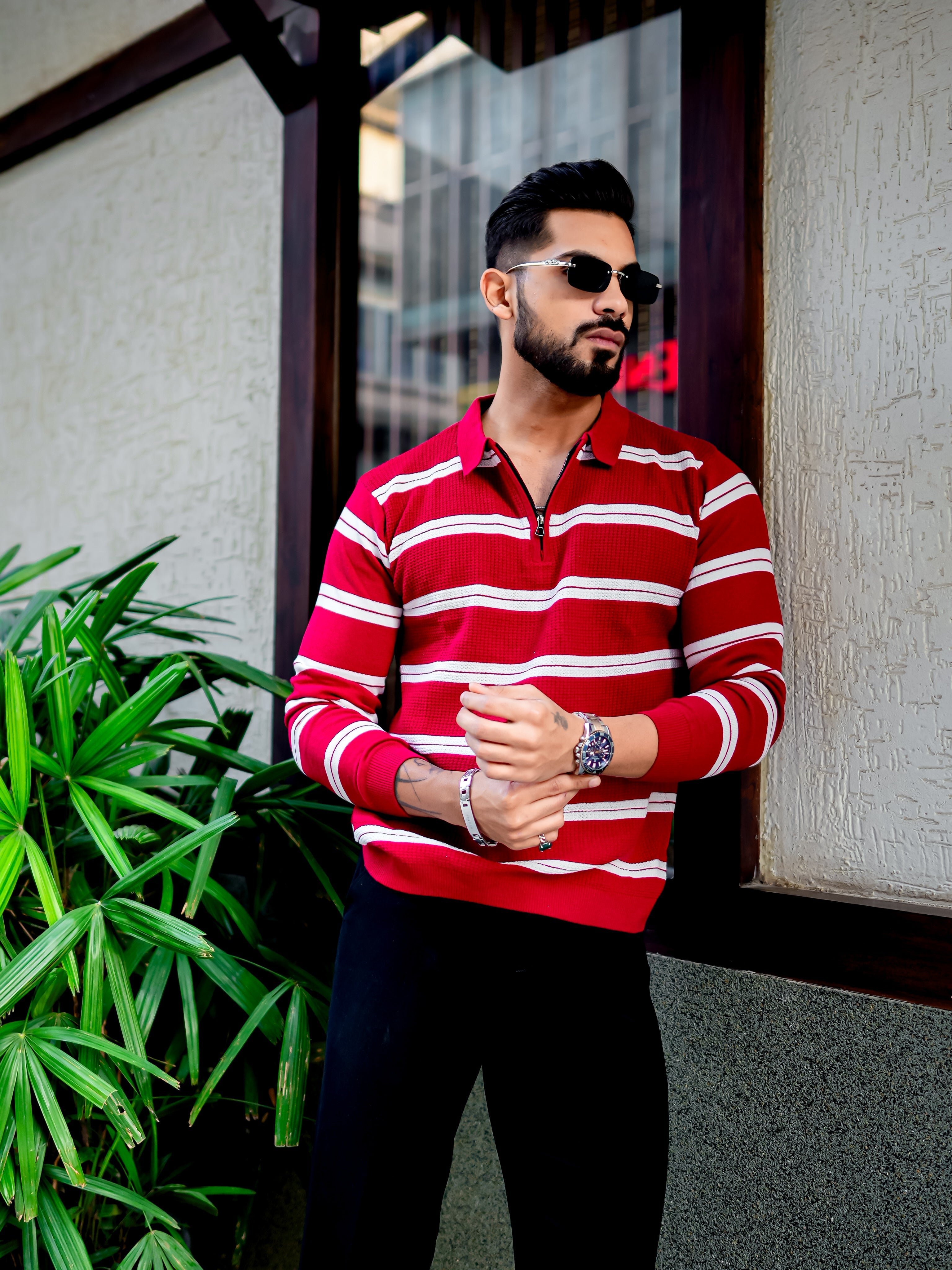 Red Zipper Flat Knit Polo T-shirt
