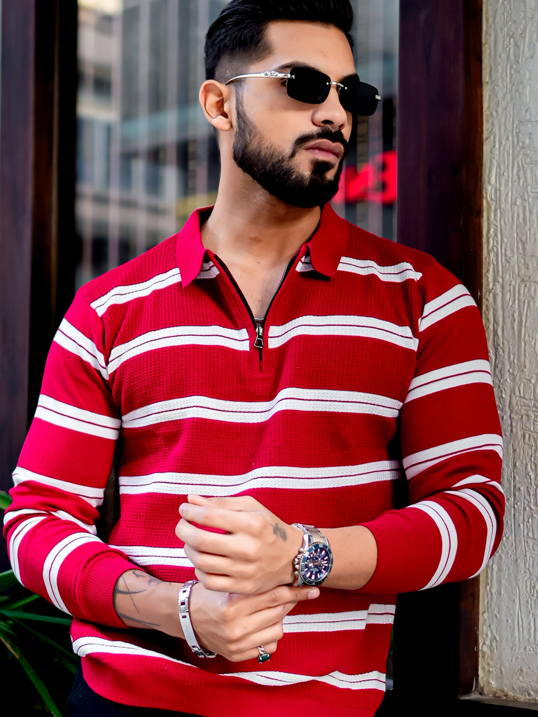 Red Zipper Flat Knit Polo T-shirt
