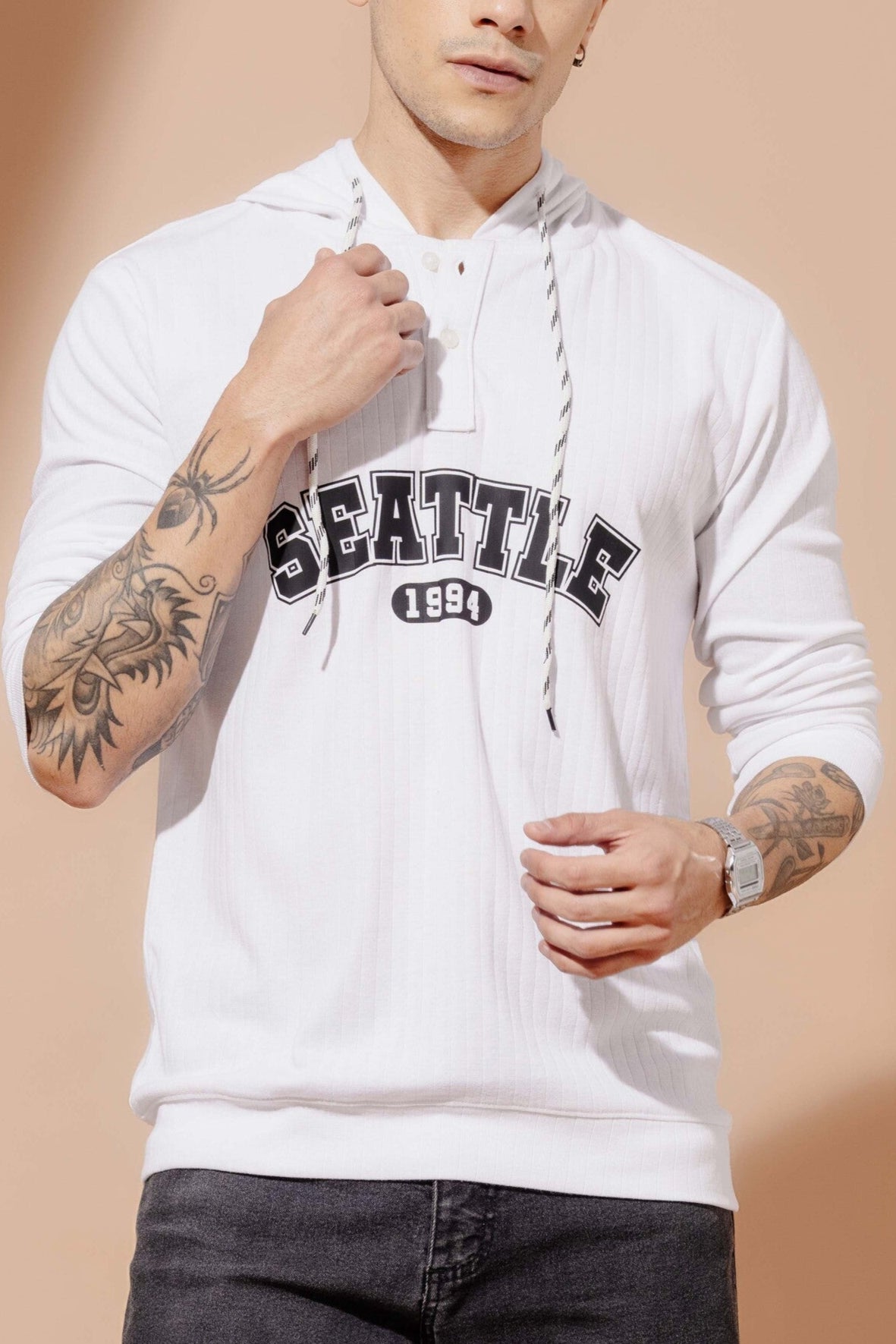 White Self Design printed Hooded T-Shirt