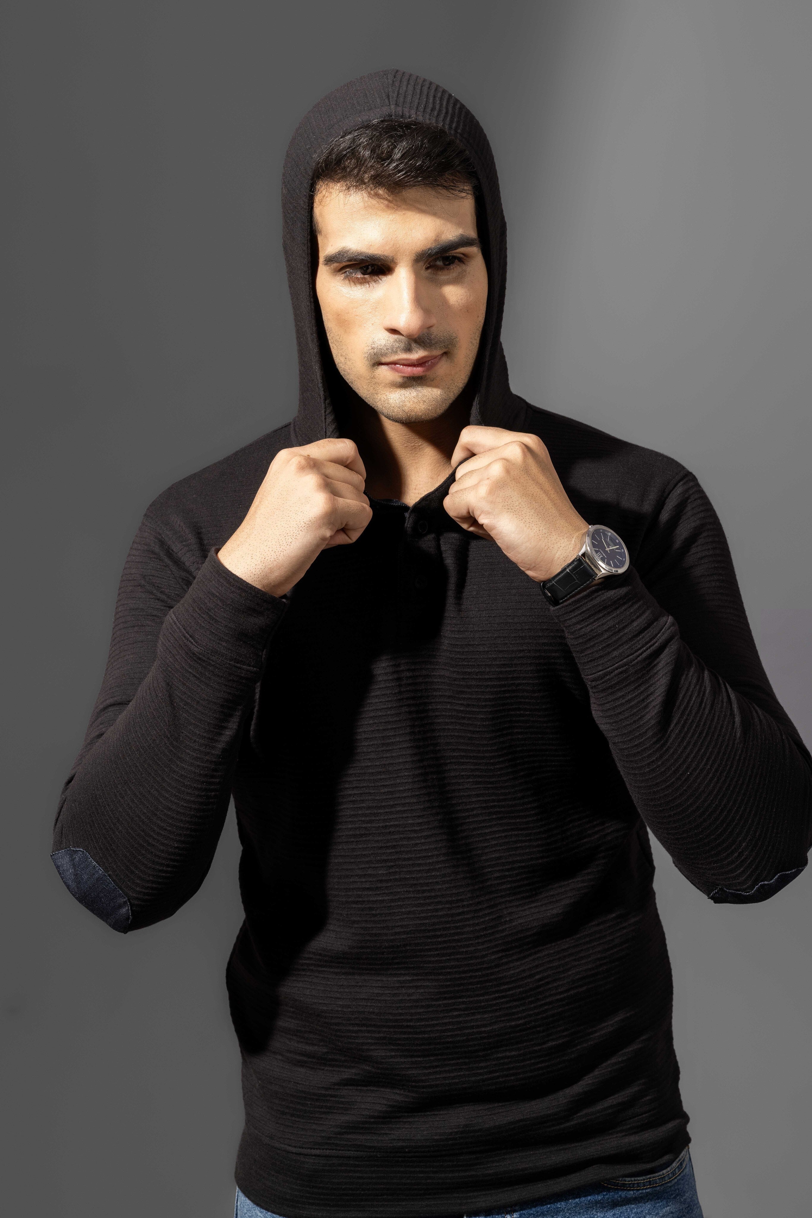 Black Elbow Patch Hooded Placket T-Shirt