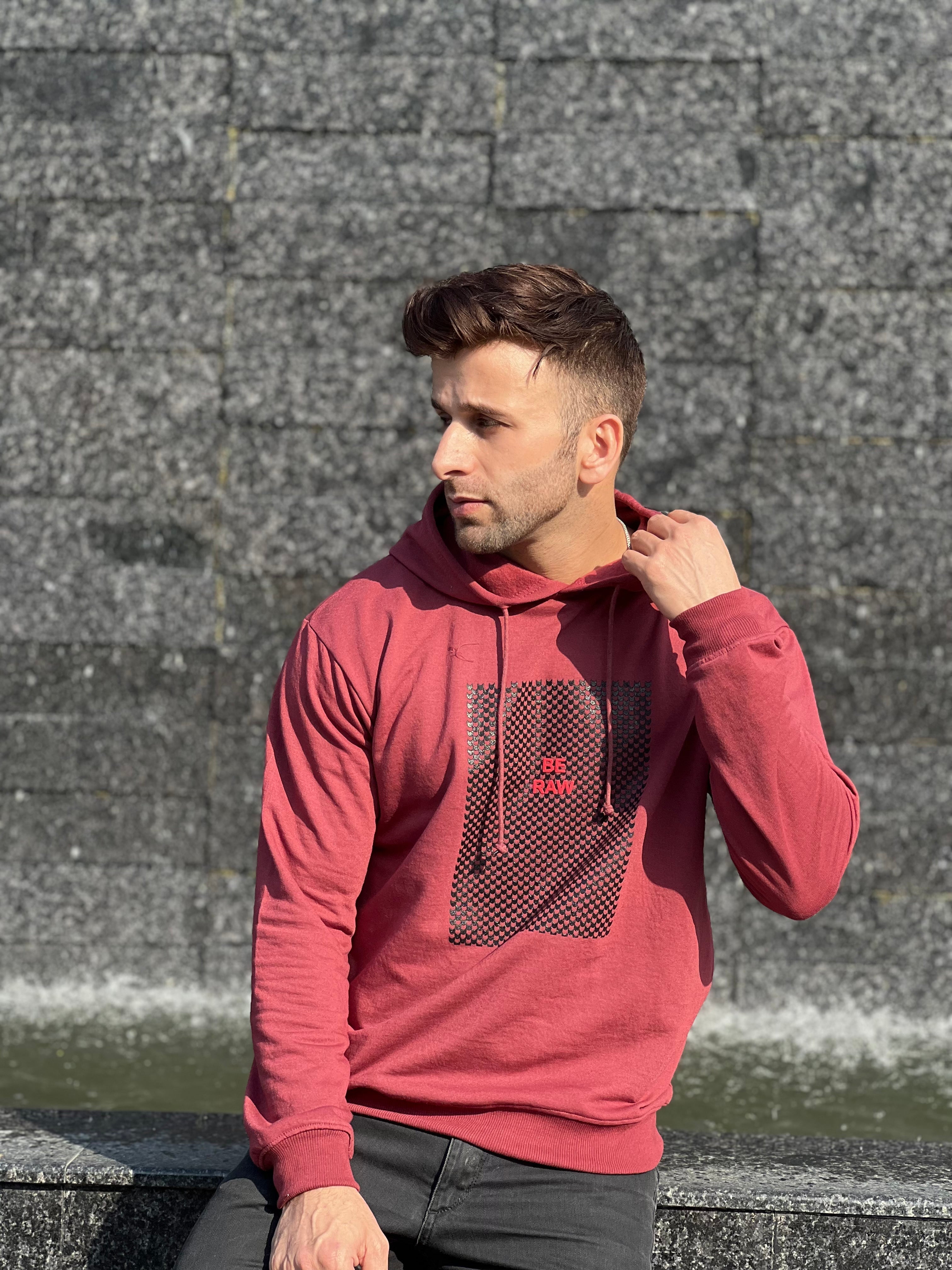 "BE RAW" Full Sleeve Wine Fleece Hoodie