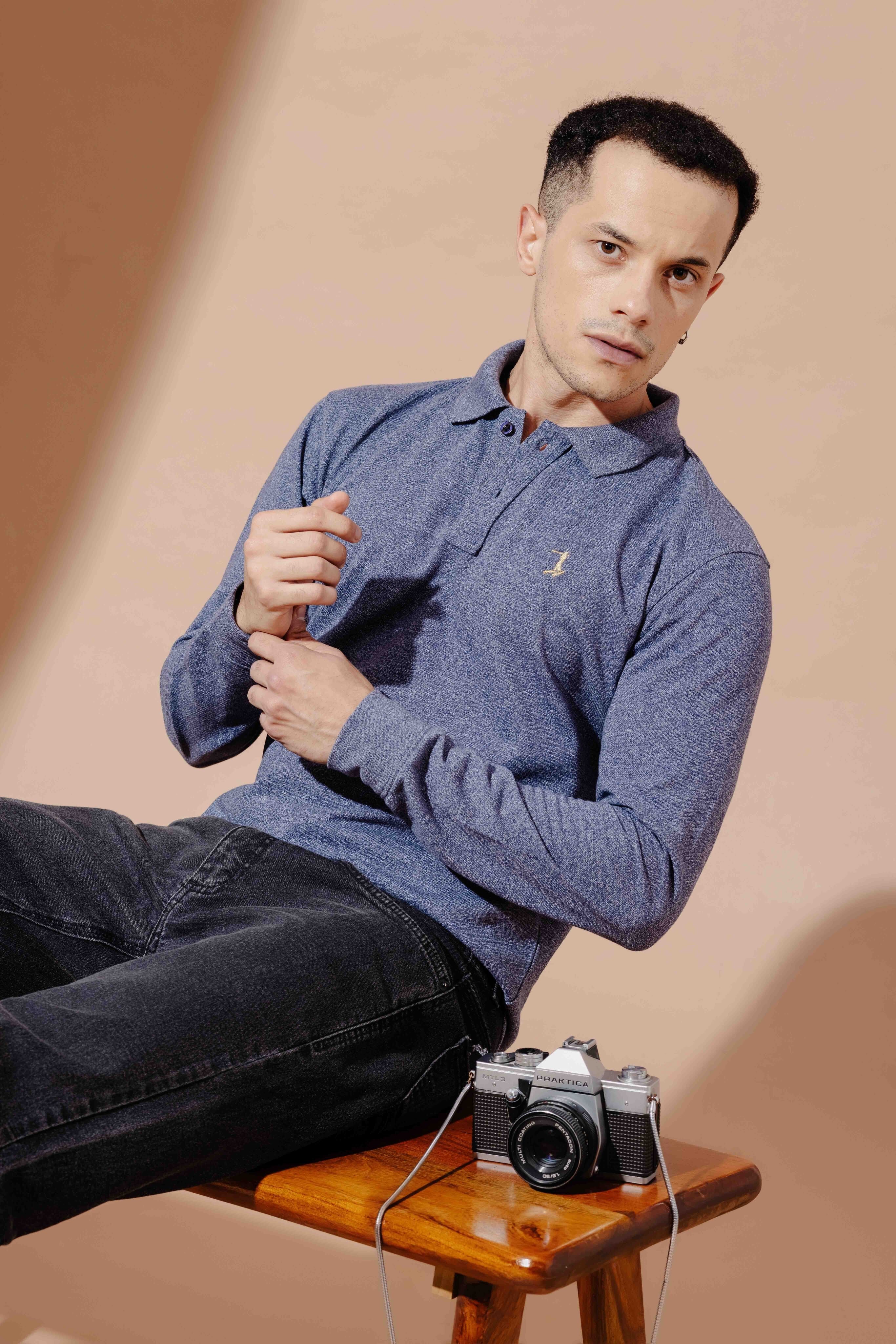 Blue Self Design Embroidery Polo T-Shirt