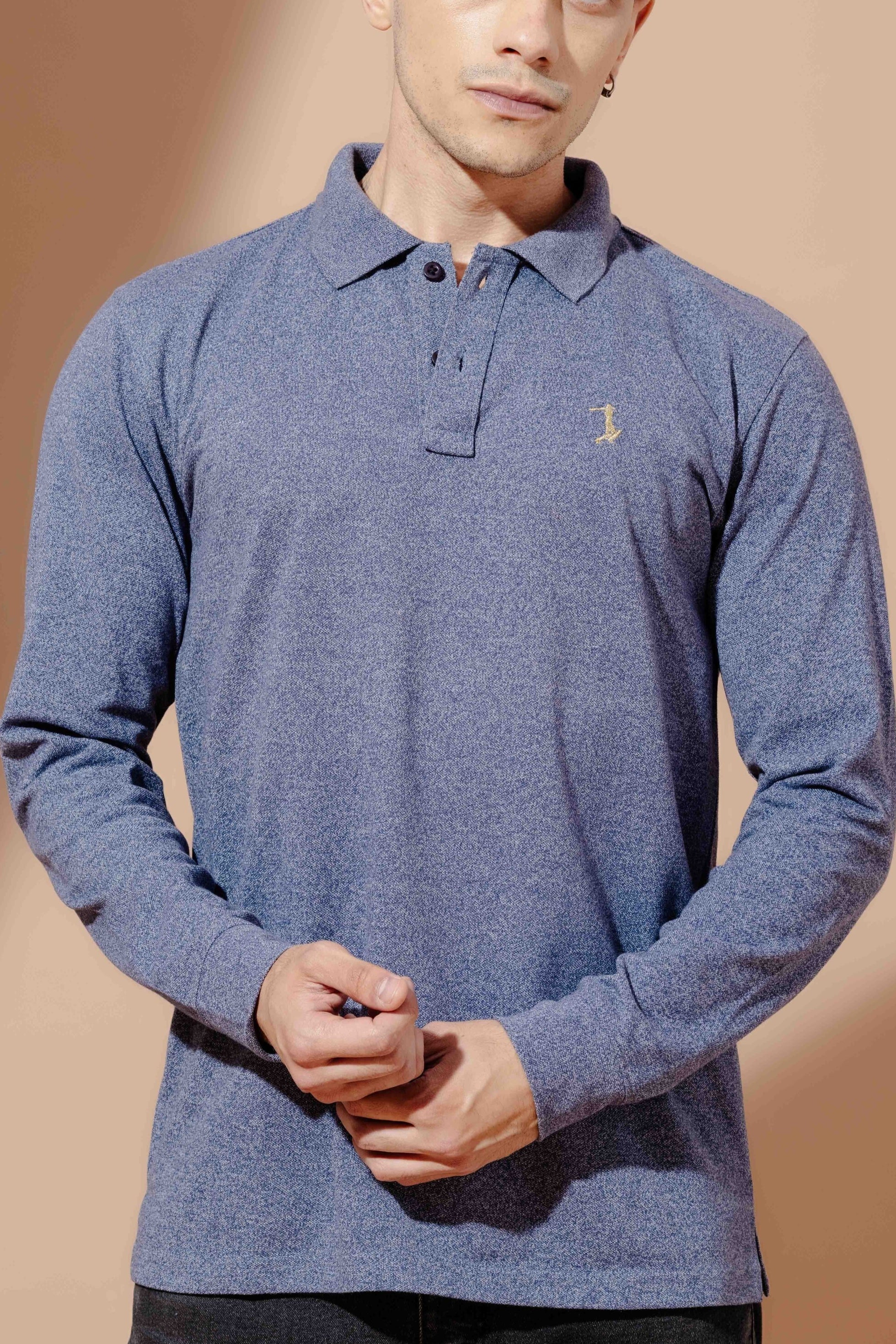 Blue Self Design Embroidery Polo T-Shirt