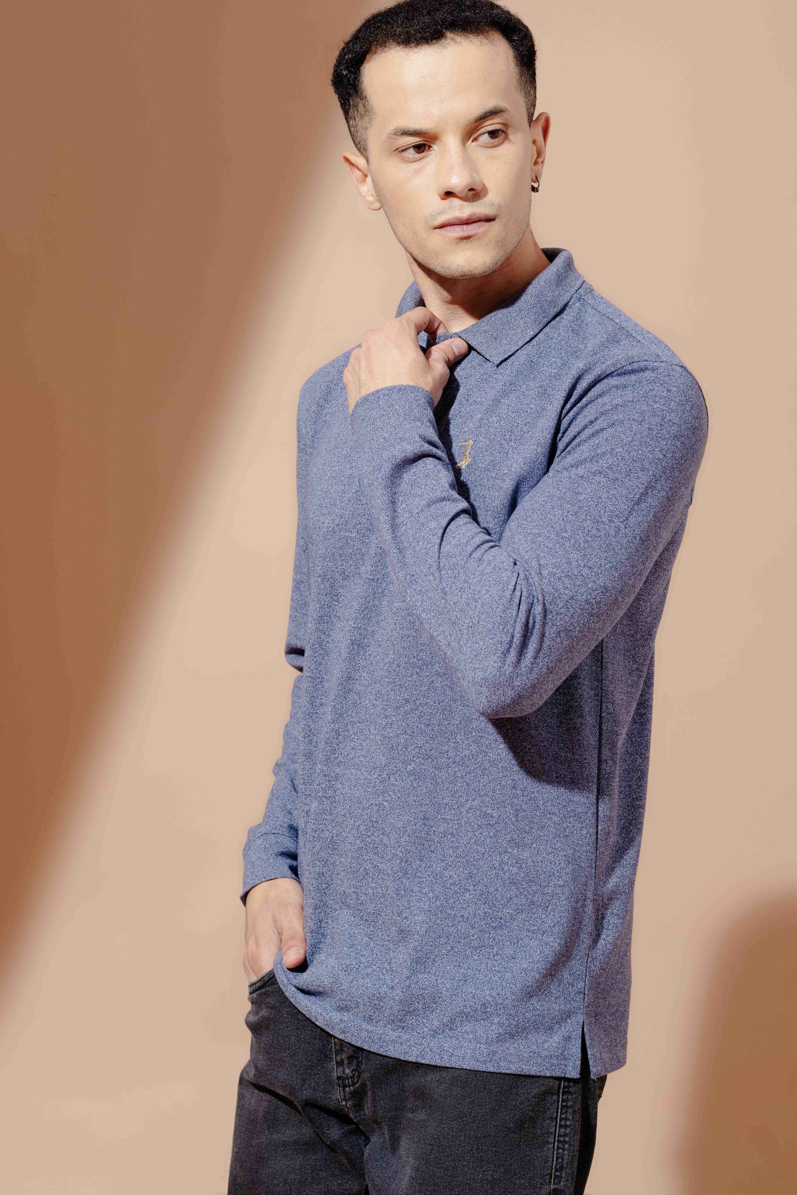 Blue Self Design Embroidery Polo T-Shirt