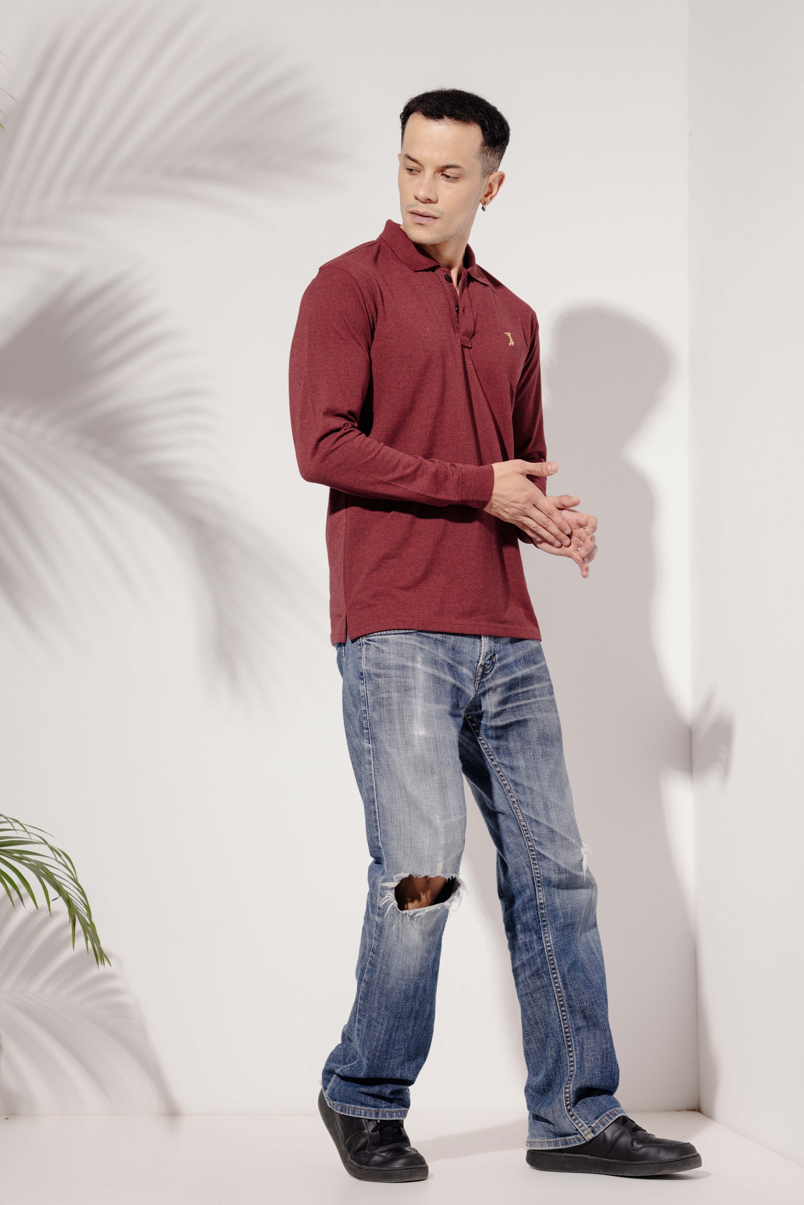Maroon Self Design Embroidery Polo T-Shirt