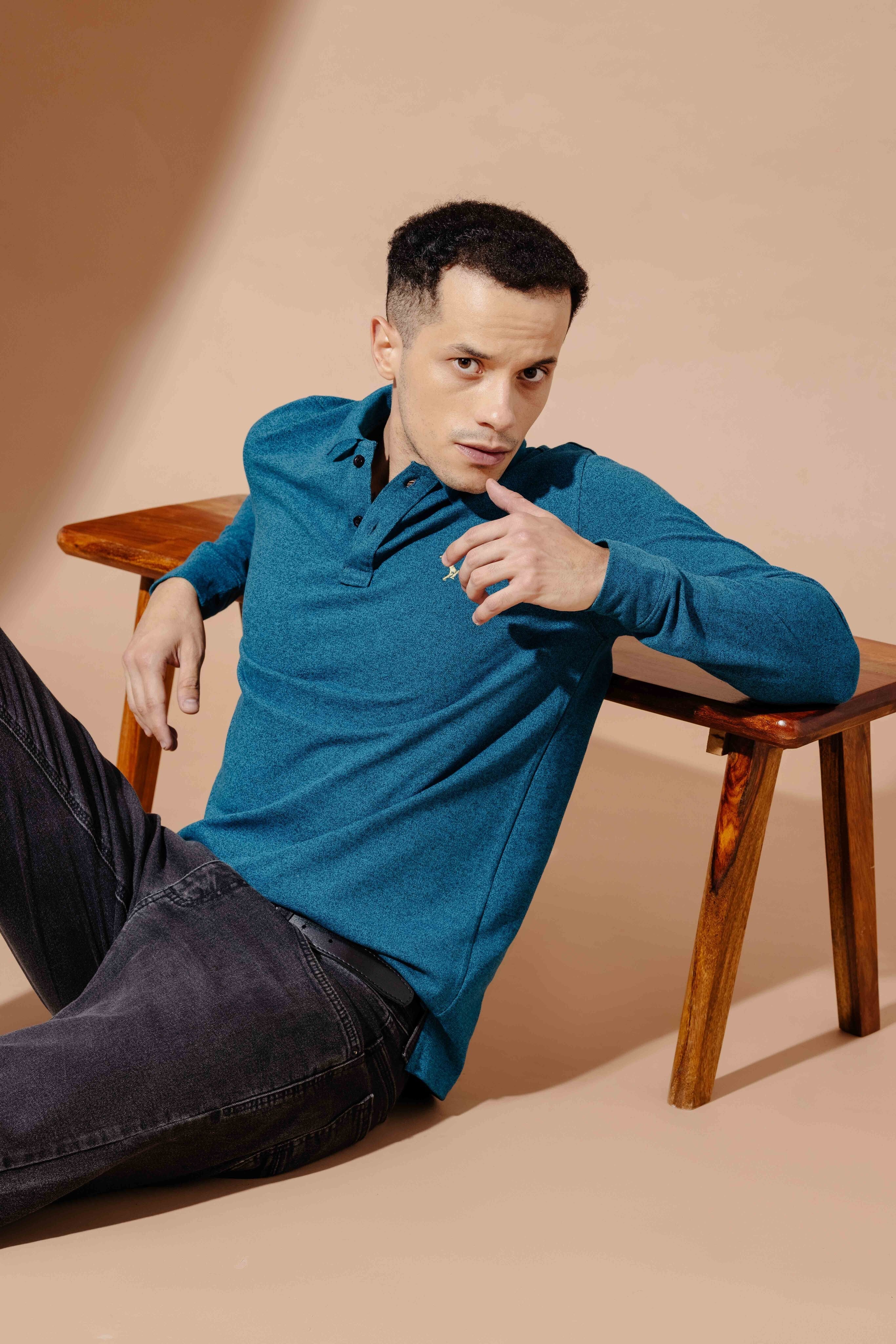 Turquoise Self Design Embroidery Polo T-Shirt