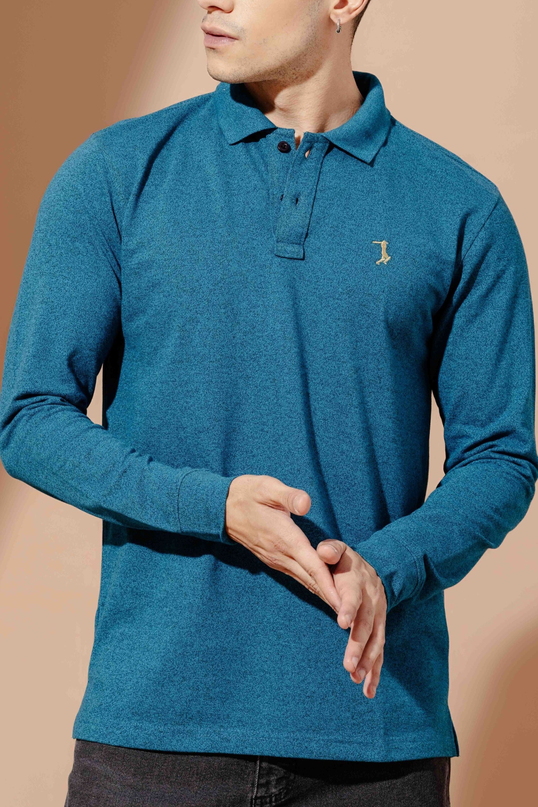 Turquoise Self Design Embroidery Polo T-Shirt