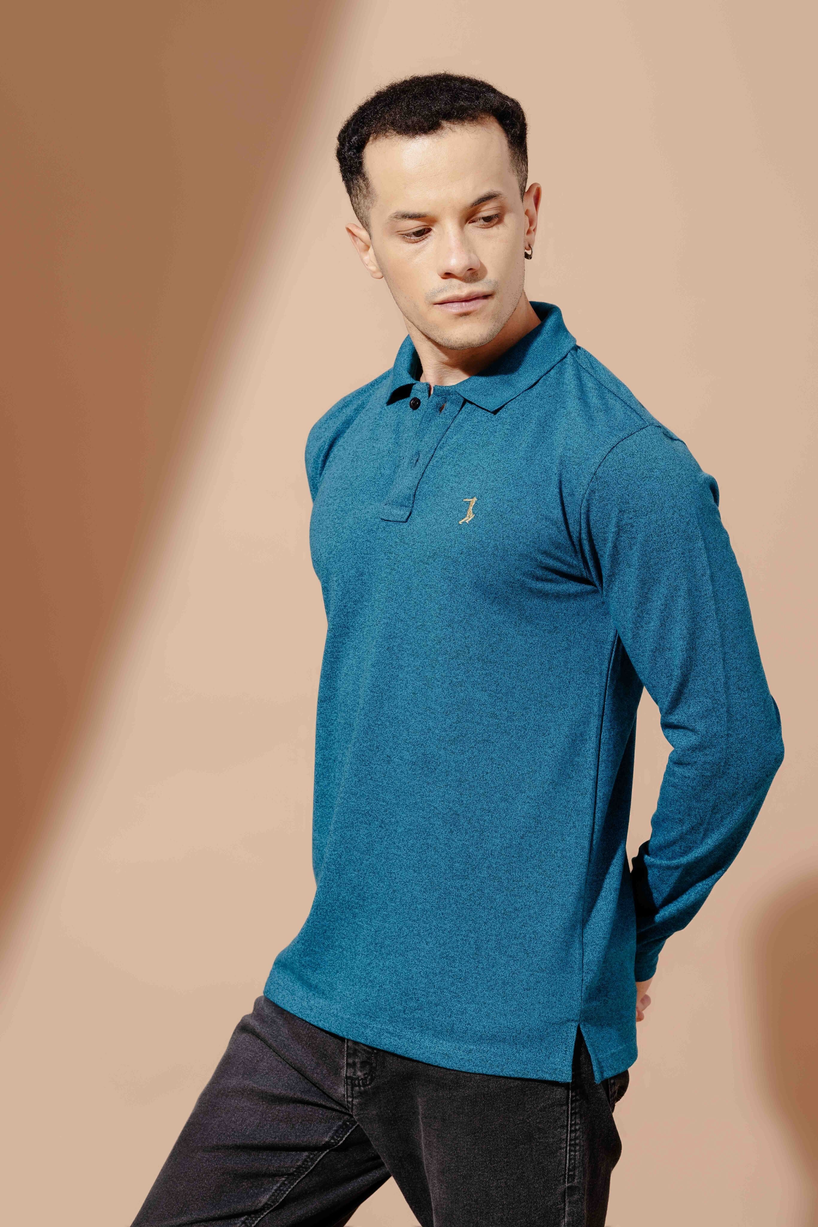 Turquoise Self Design Embroidery Polo T-Shirt