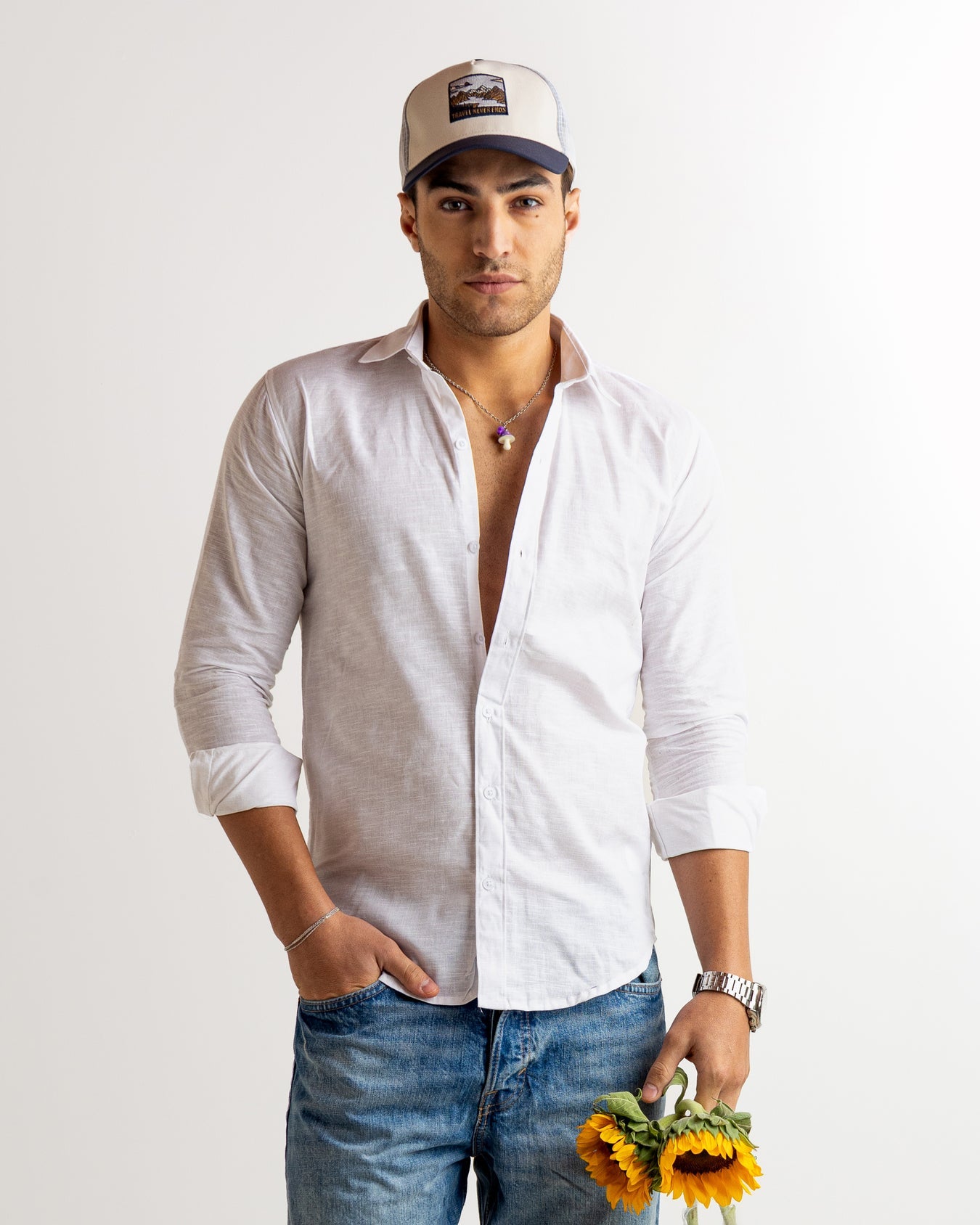 White Full Sleeve Linen Blended Shirt