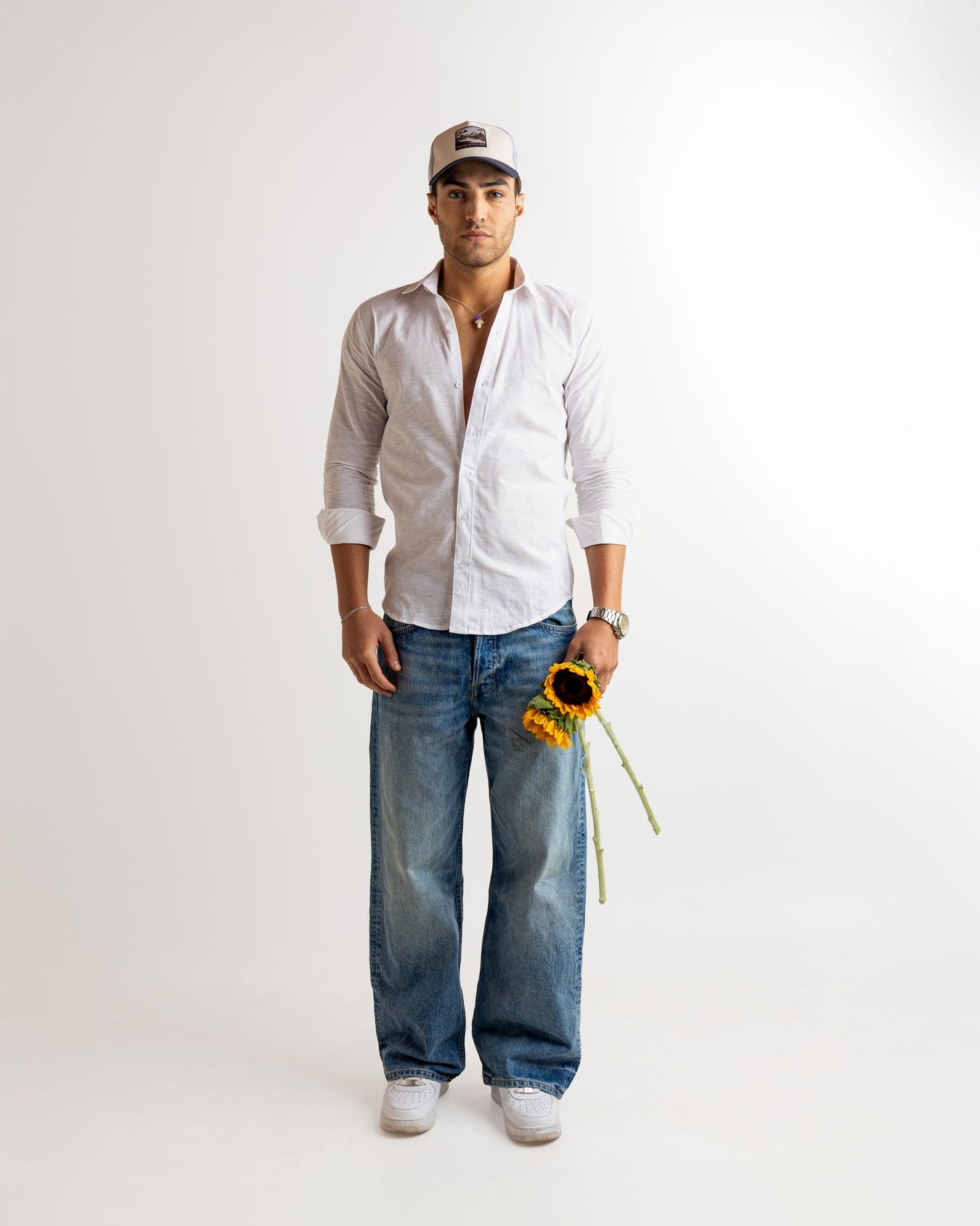 White Full Sleeve Linen Blended Shirt