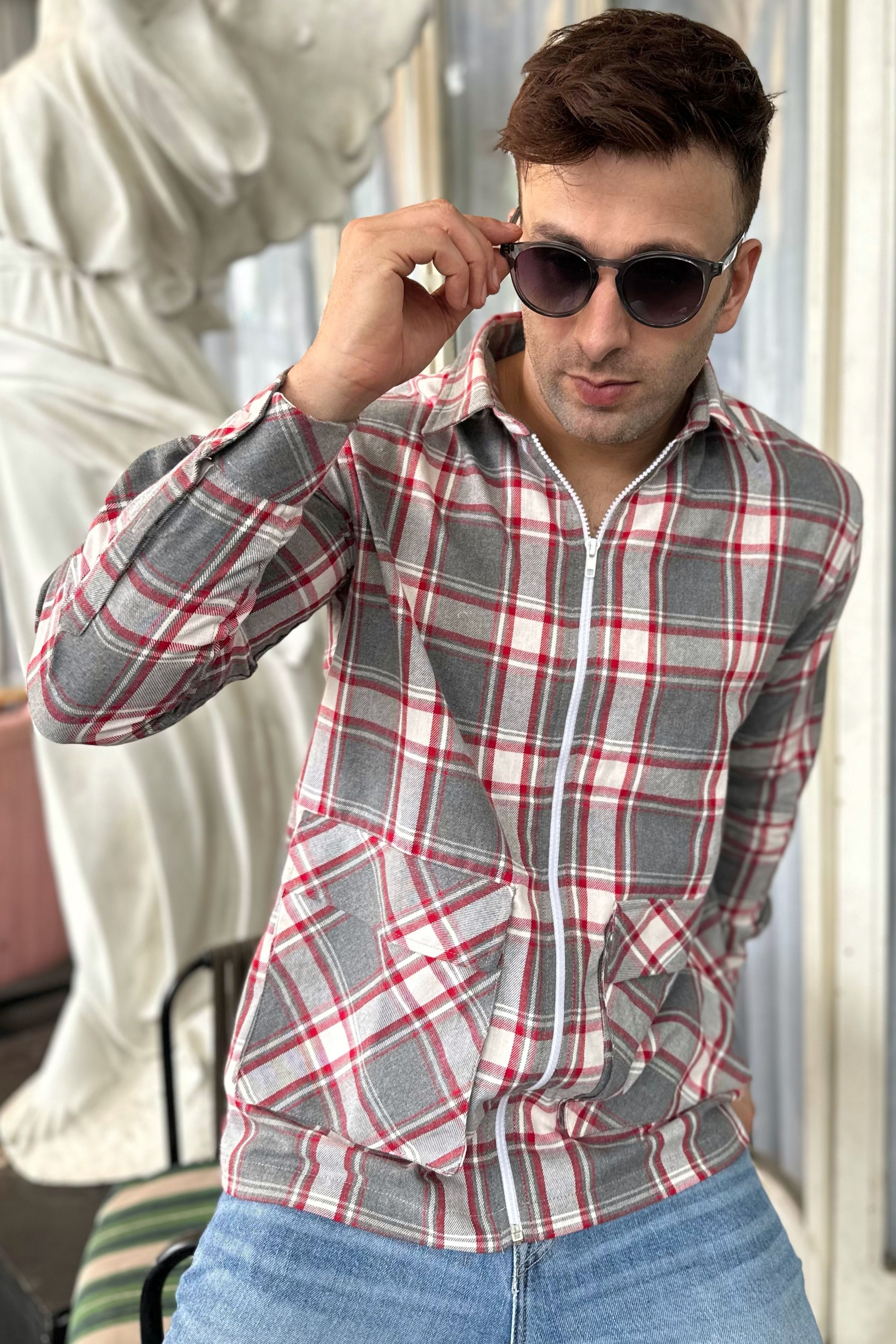 Grey Oversized Double Pocket Zipper Shirt