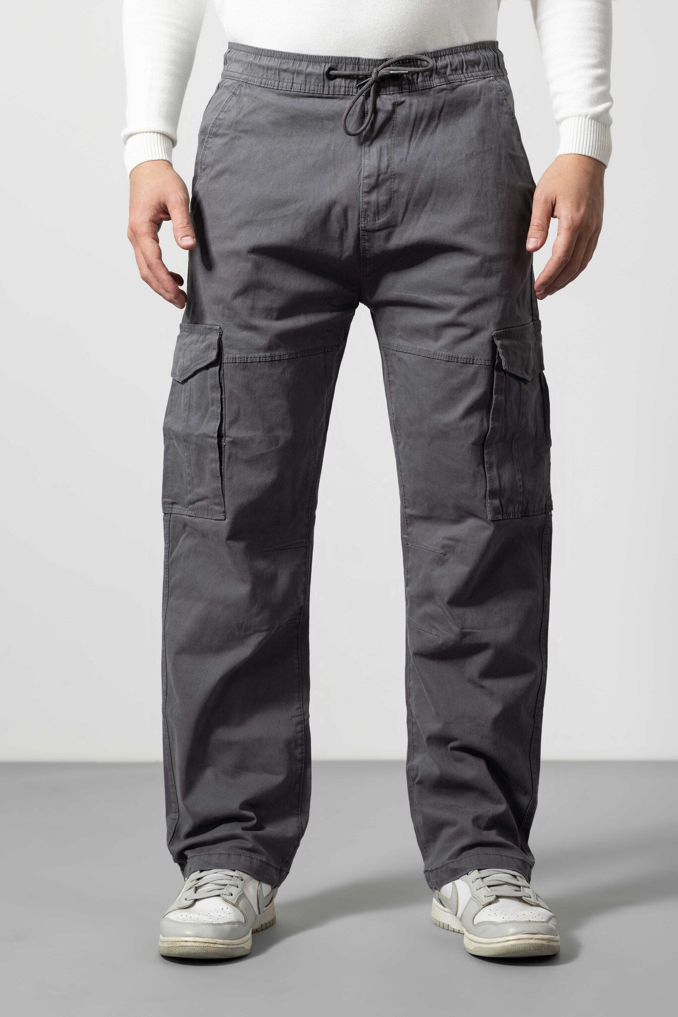 Dark Grey Straight Fit Cotton Cargo Pants