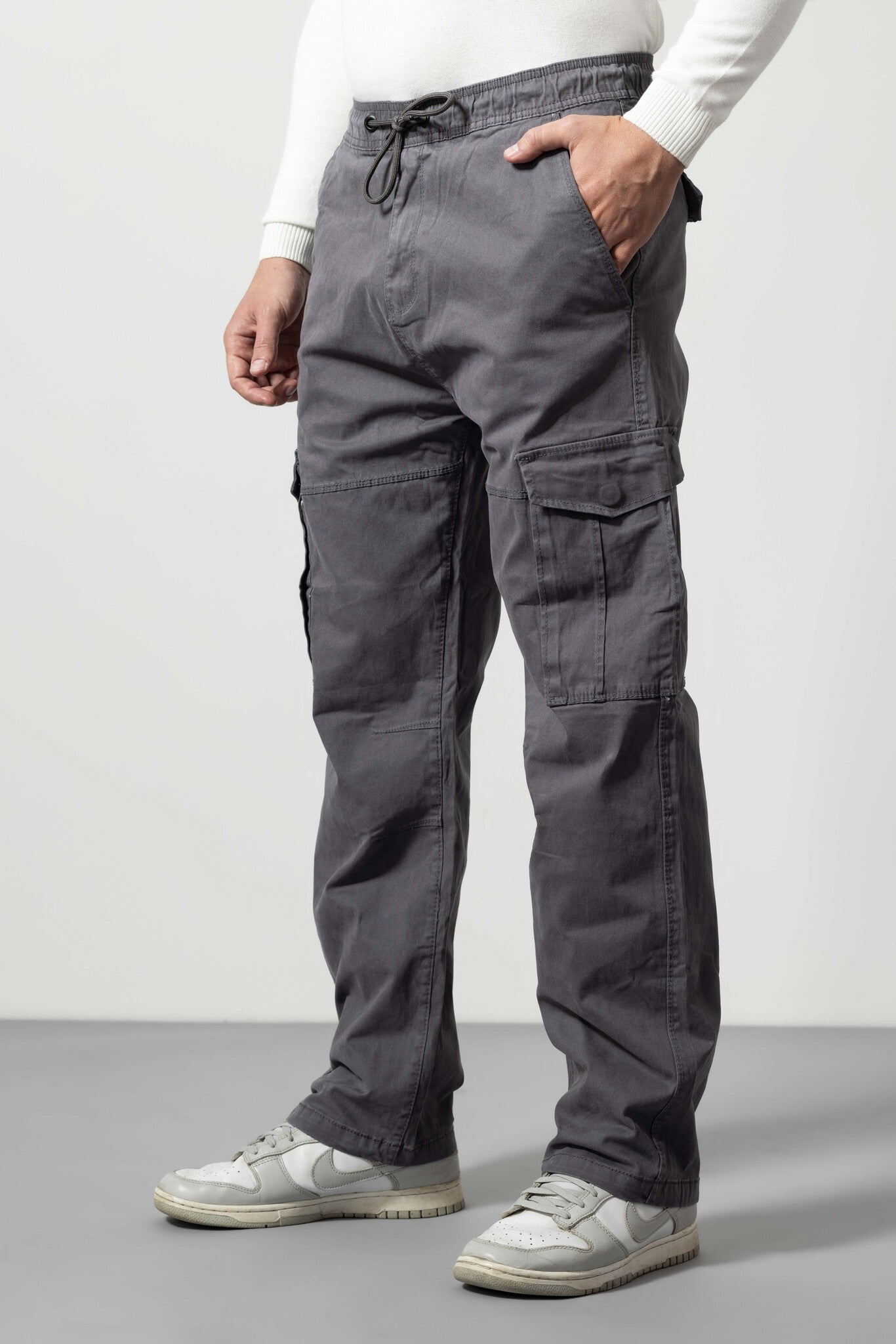 Dark Grey Straight Fit Cotton Cargo Pants