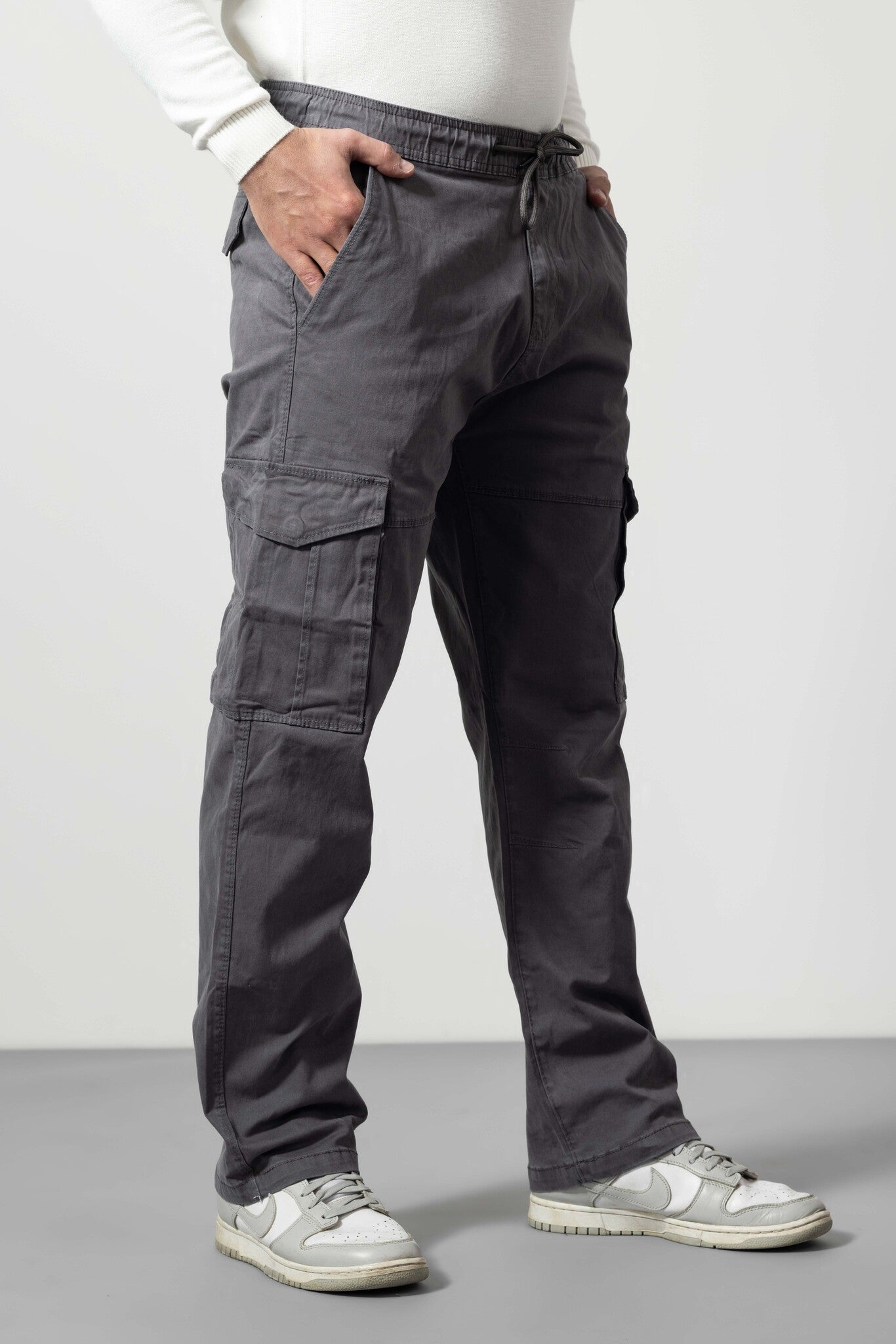 Dark Grey Straight Fit Cotton Cargo Pants