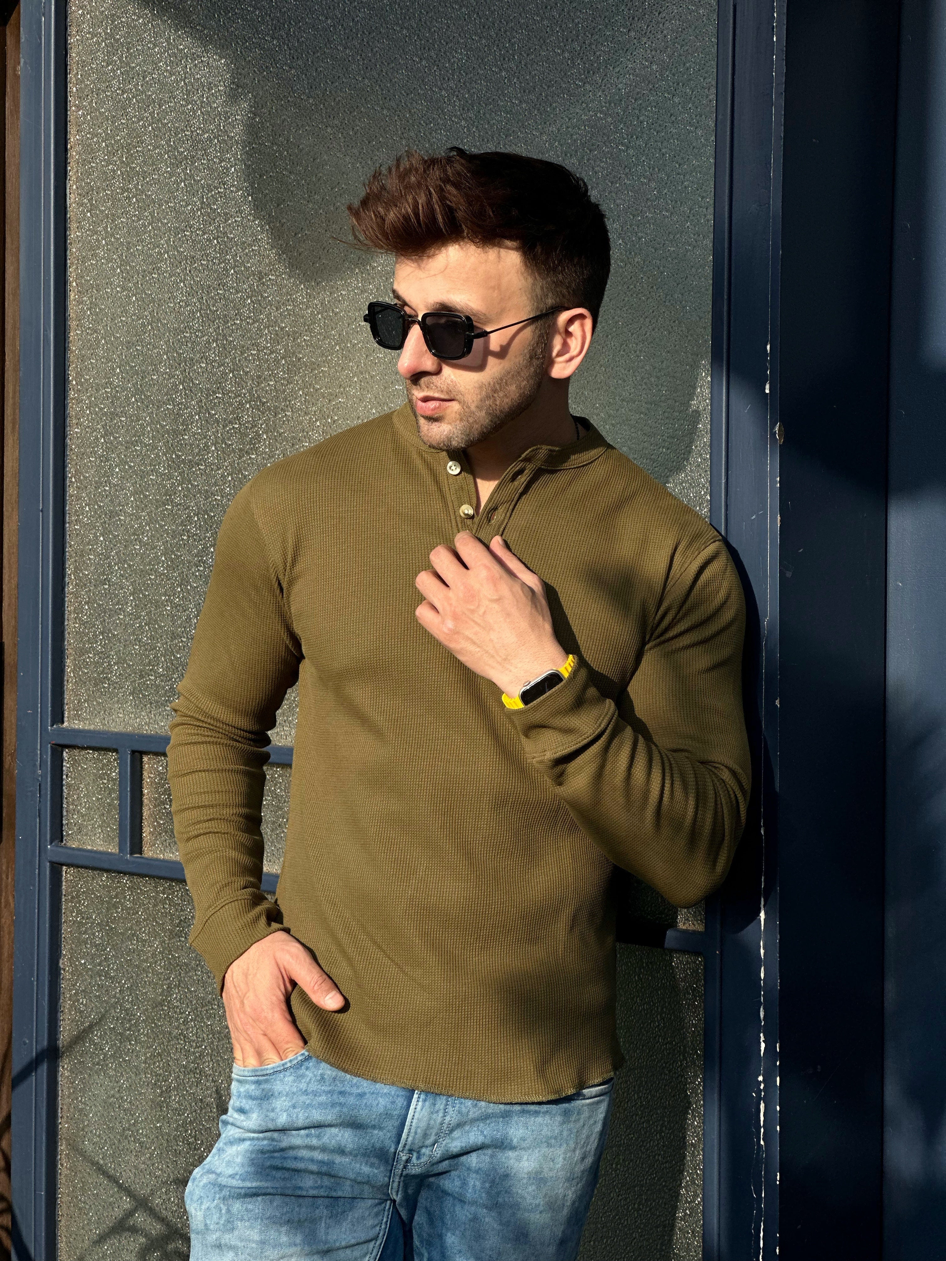 Olive Self Waffle Knit Henley T-Shirt